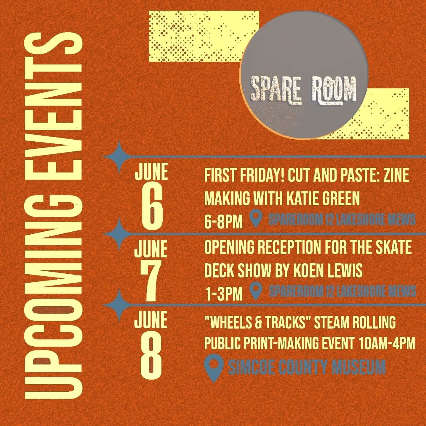 We're busy here at spareroom! Here's a guide to our upcoming events more info below or on our page.

June 6: Join us from 6-8pm for our free 'First Friday' event. This month, Katie Green's workshop 'cut and paste' is about analog methods for risograp