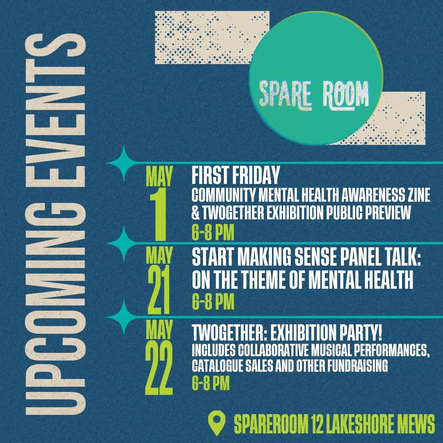 In case there was any confusion about the events taking place at the spareroom. Our programming this month will be centered around our exhibition in the gallery. The TWOgether exhibition  partnered emerging and established artists to create dyptic wo