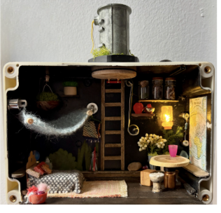 Clara Campos
Junction, 2026
Junction box, pipe, wires, beads, buttons, yarn, toothpicks, fabric, balsa wood
6.3 x 5.5 x 3.5 in