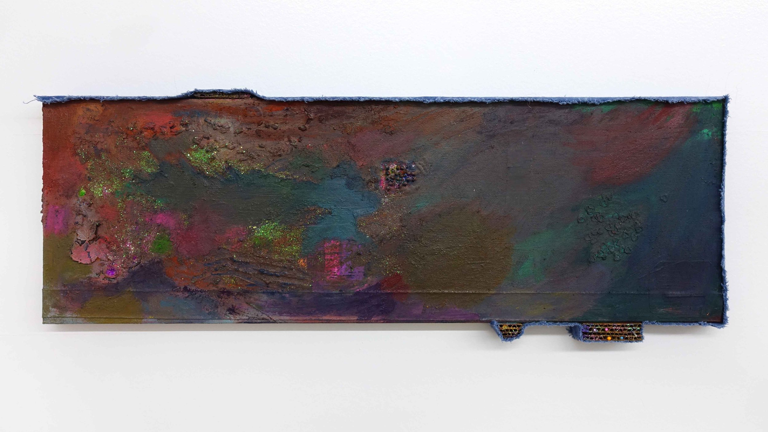 Ingrid Yi-Chen Lu
Disco Debris, 2025
Oil, acrylic, cardboard, ribbon, paper, seeds, foam, sequins, beads, and glitter on canvas 
8.5 x 24 x 1 in 