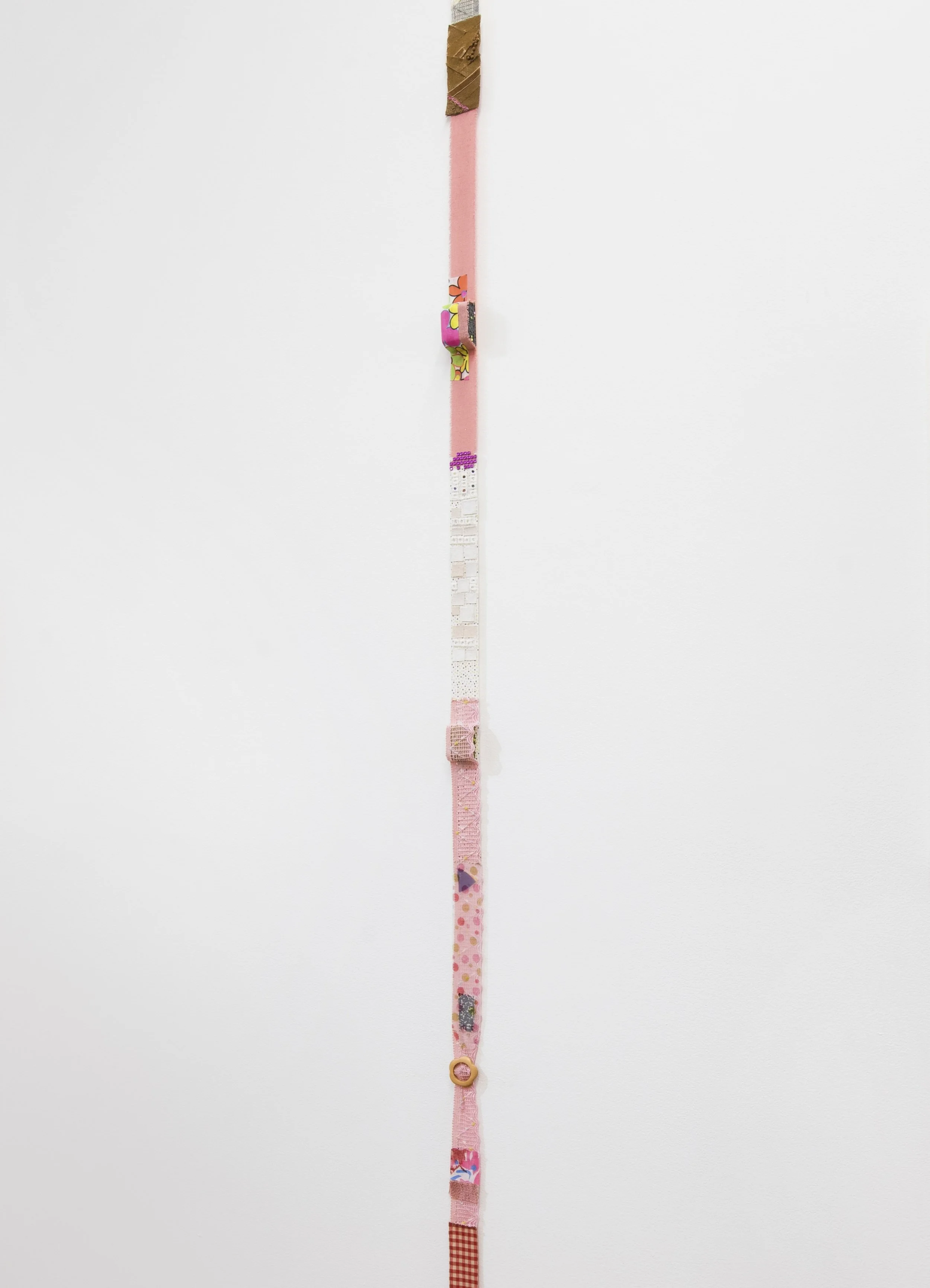 Ingrid Yi-Chen Lu
Long Form II (Fairy Houses), 2026
Ribbon, fabric, thread, acrylic, cardboard, paper, canvas, screenprint, rhinestones, glitter, button, foam, and found wooden object
132 x 2 x .5 in