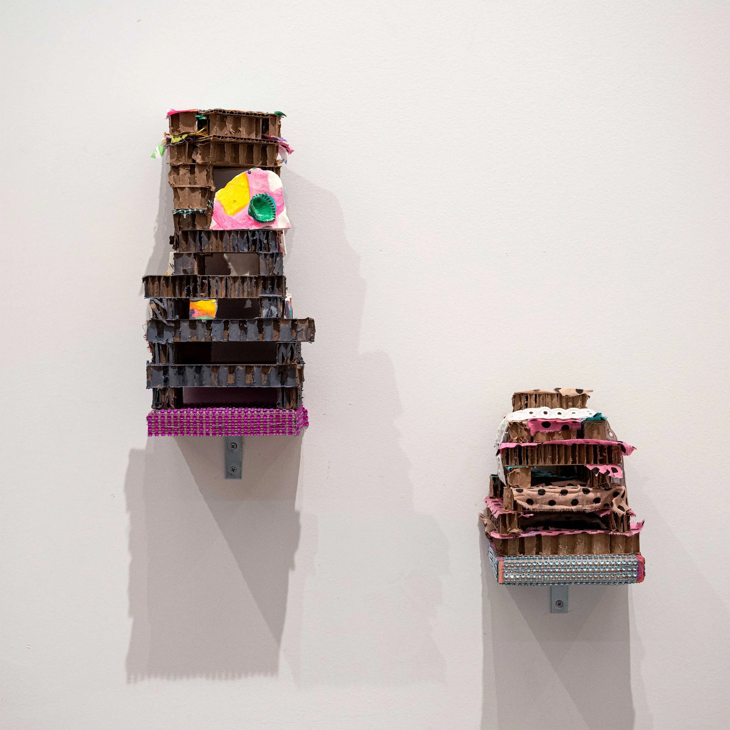Ingrid Yi-Chen Lu
Tea House, 2025
Acrylic, air-dry clay, cardboard, fabric, paper, rhinestone mesh, seashells, sequins, and glitter on wooden shelf 
11.5 x 5.25 x 5 in, 6.5 x 5.25 x 5 in