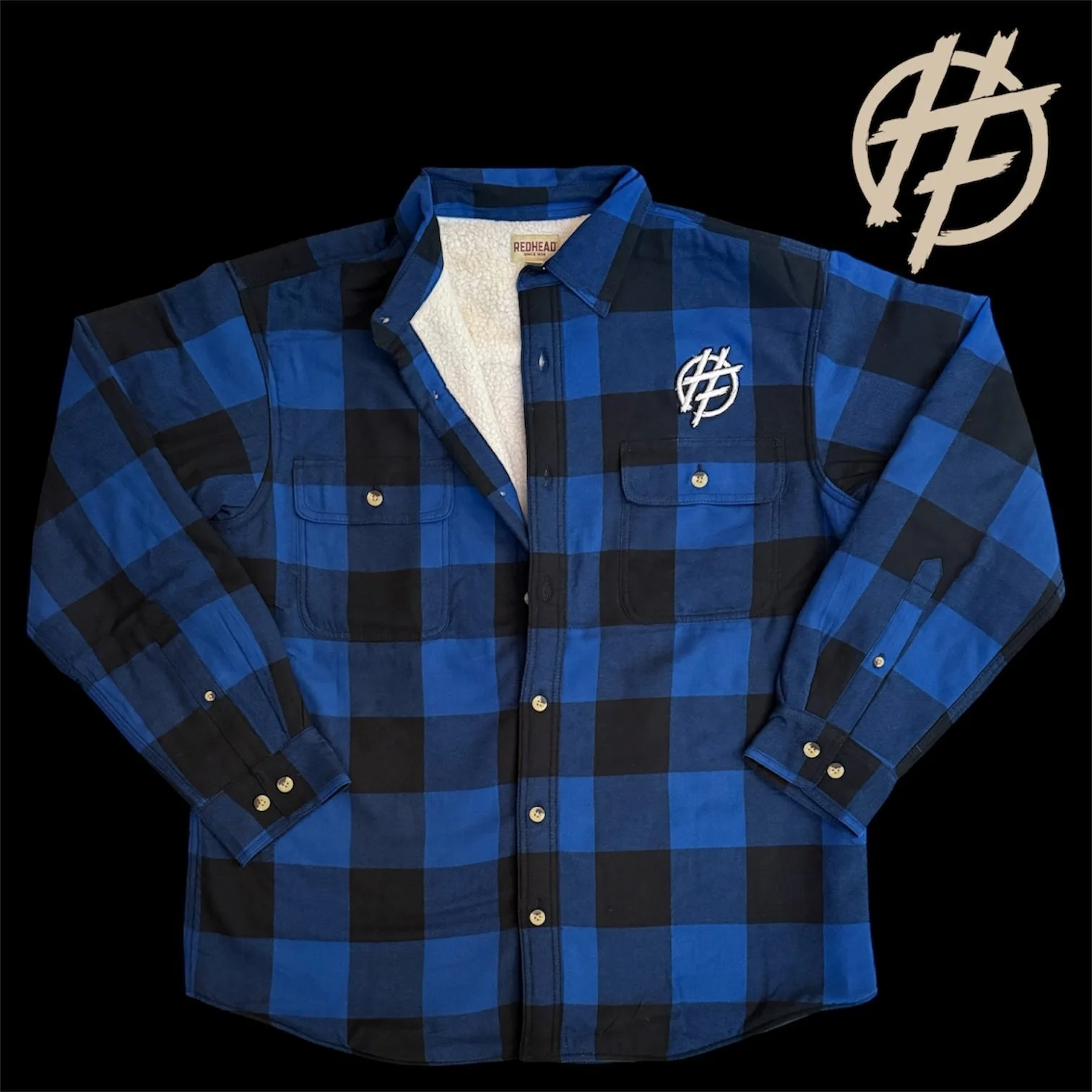Sherpa-Lined Plaid Flannel Shirt w/ Embroidered HF Patch - Black & Blue