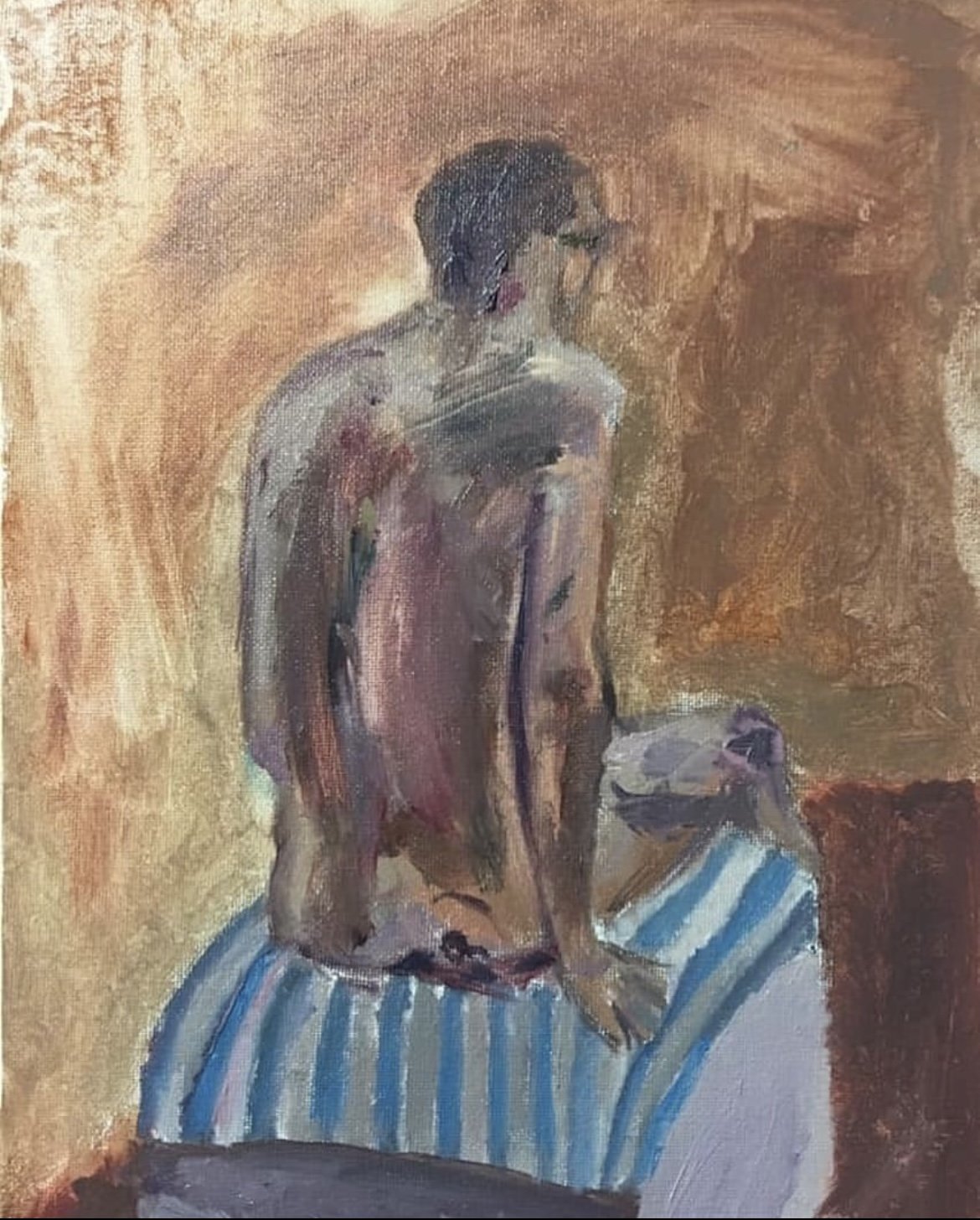 TITLE: Man // ARTIST: Adem Aquila // DESCRIPTION: This is a portrait of a nude male figure I painted without consideration for the accuracy of colour or light to leave my own interpretation of these features and painted to implicitly depict the anxie