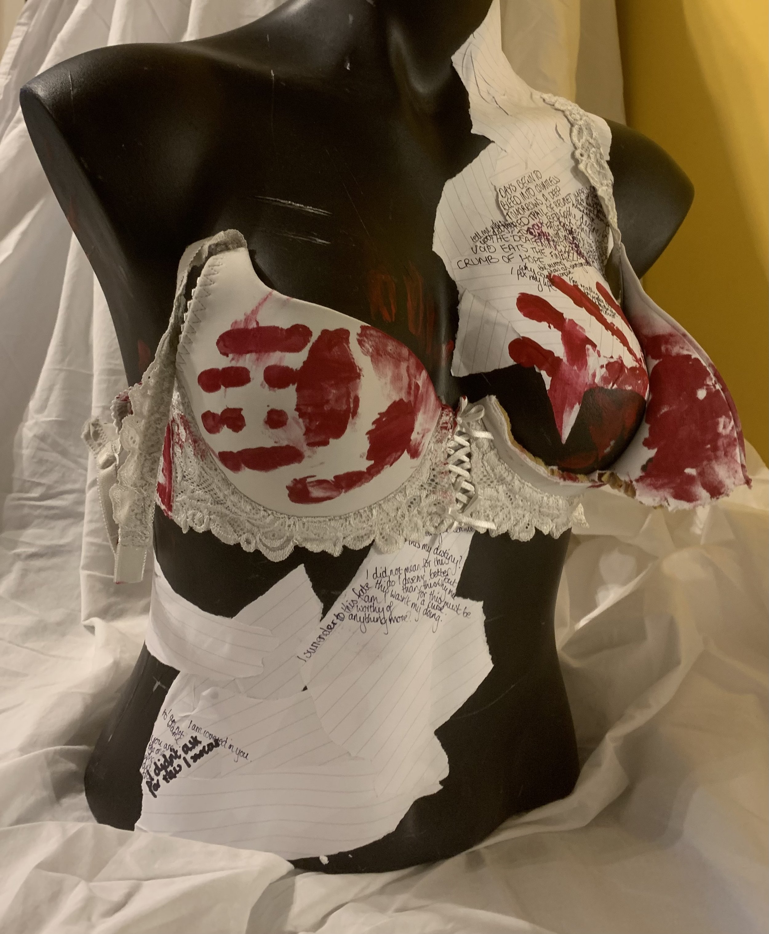 TITLE: Don't Touch Me // ARTIST: Grace Bingham // DESCRIPTION: The abuser controls how we view ourselves. The imprints of their cold hands will never leave our skin. I am nothing but a torso, a body, an object much like a mannequin, and they may neve
