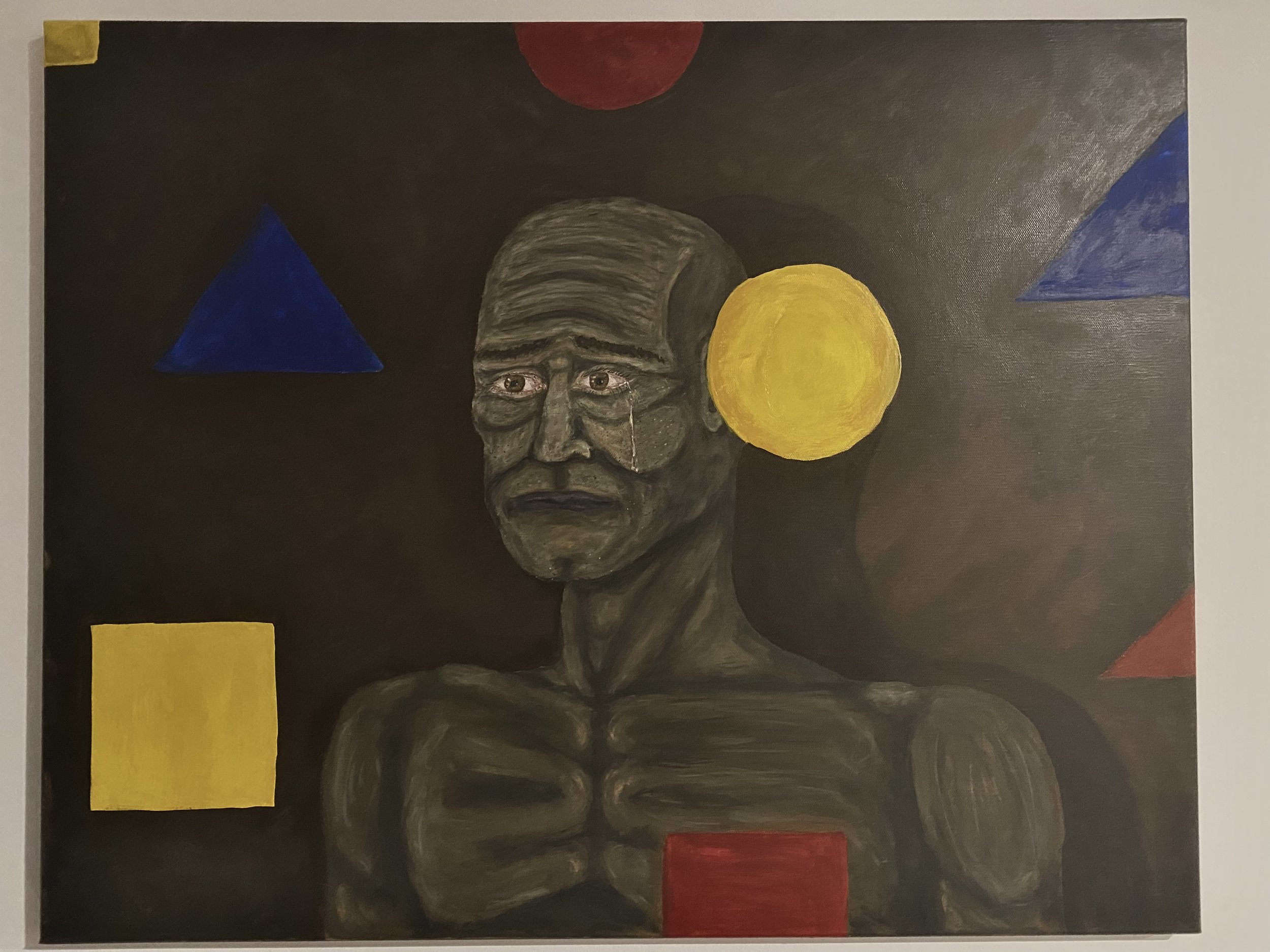 TITLE: The Numbness Is What Hurts The Most // ARTIST: Tom Boxall // DESCRIPTION: This painting explores emotion and how not any emotion, can be worse than feeling too much. The work depicts a person who is so overcome with grief, that they just sit i