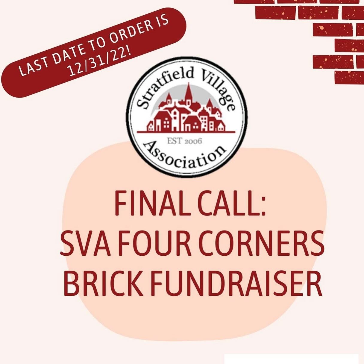 Stratfielders! This is our FINAL CALL to order your bricks for the Four Corners project! 

Do you keep meaning to get one and put it off or forget? You've got until Dec. 31 to put in your order! 

Get your personalized 4&rdquo;x 8&rdquo; or 8&rdquo;x