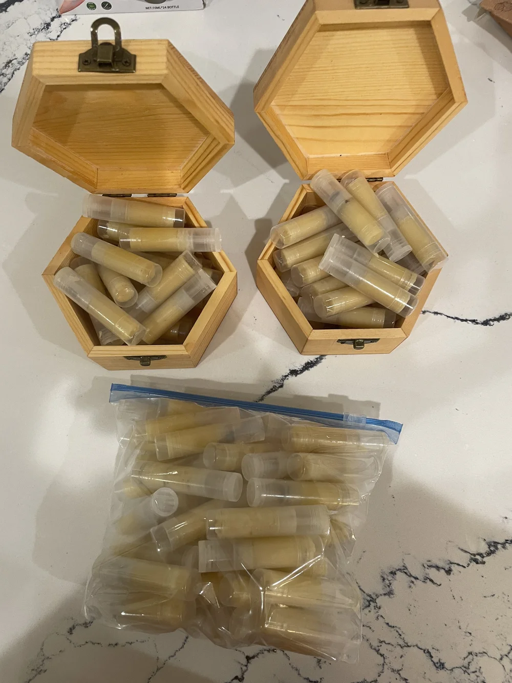 Expect 100 sticks of lip balm per medium hive.