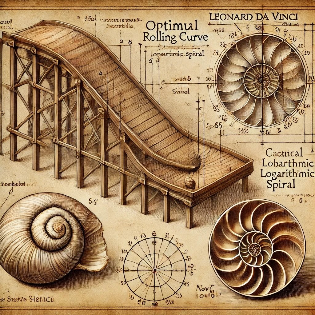 individual curve. DALL·E 2025-02-02 04.20.20 - A detailed Leonardo da Vinci-style mechanical sketch illustrating the optimal rolling curve for a single ramp, with the same markings on a seashell to.jpeg