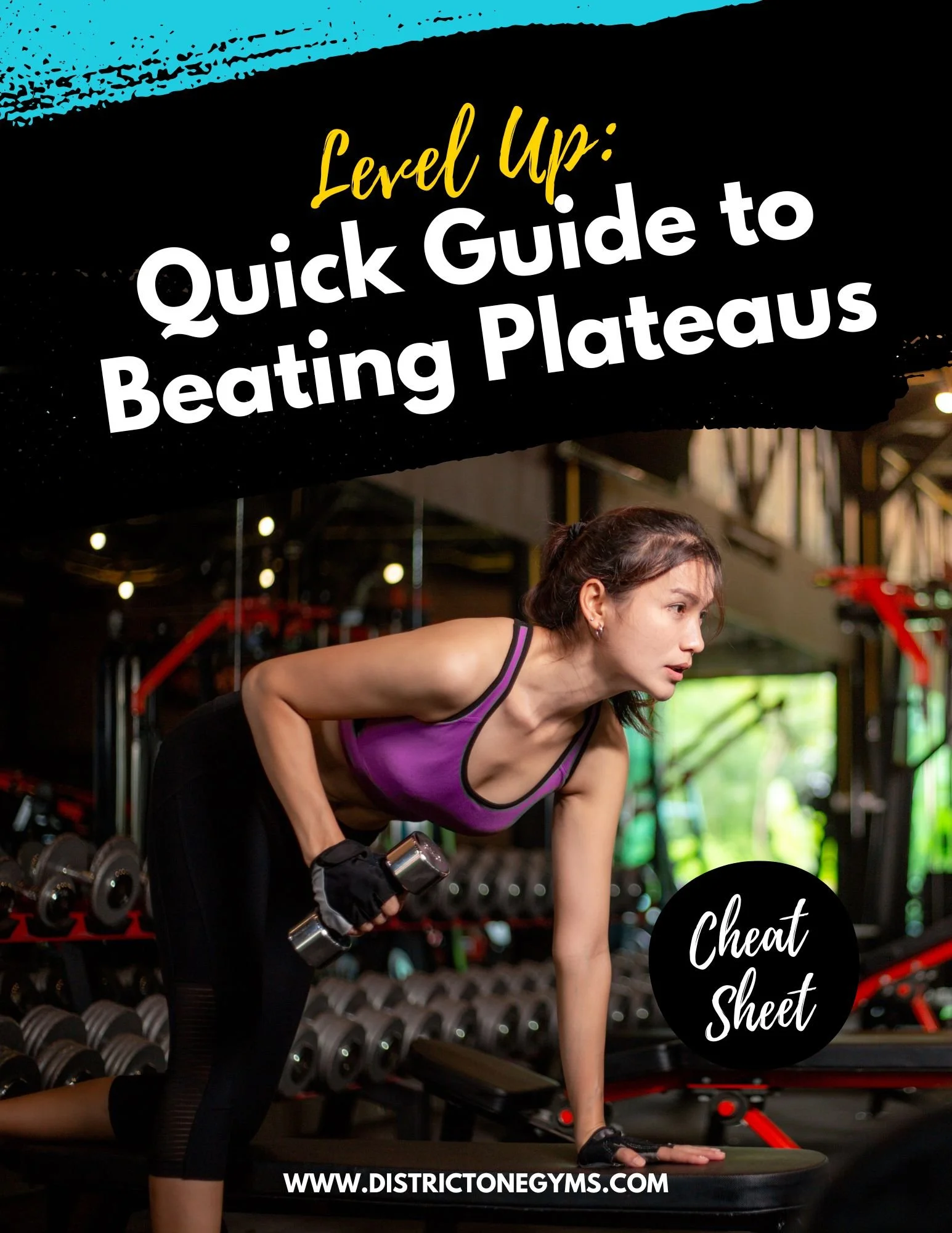 A woman in a purple sports top performing a workout with dumbbells in a gym with racks of weights and exercise equipment in the background.