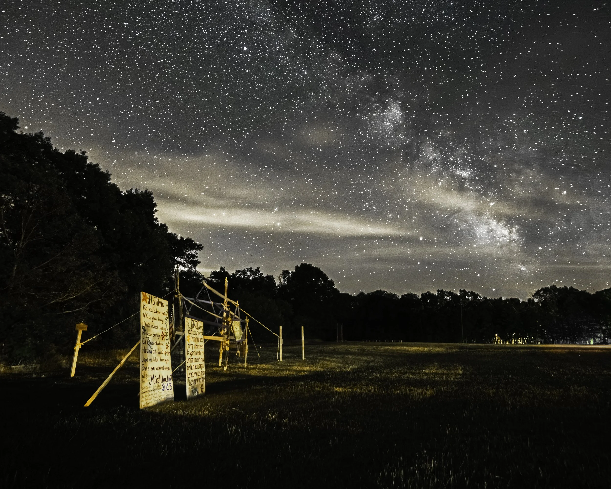 Night sky filled with stars and the Milky Way galaxy, with a grassy field and trees in the foreground, and signs on wooden stakes.