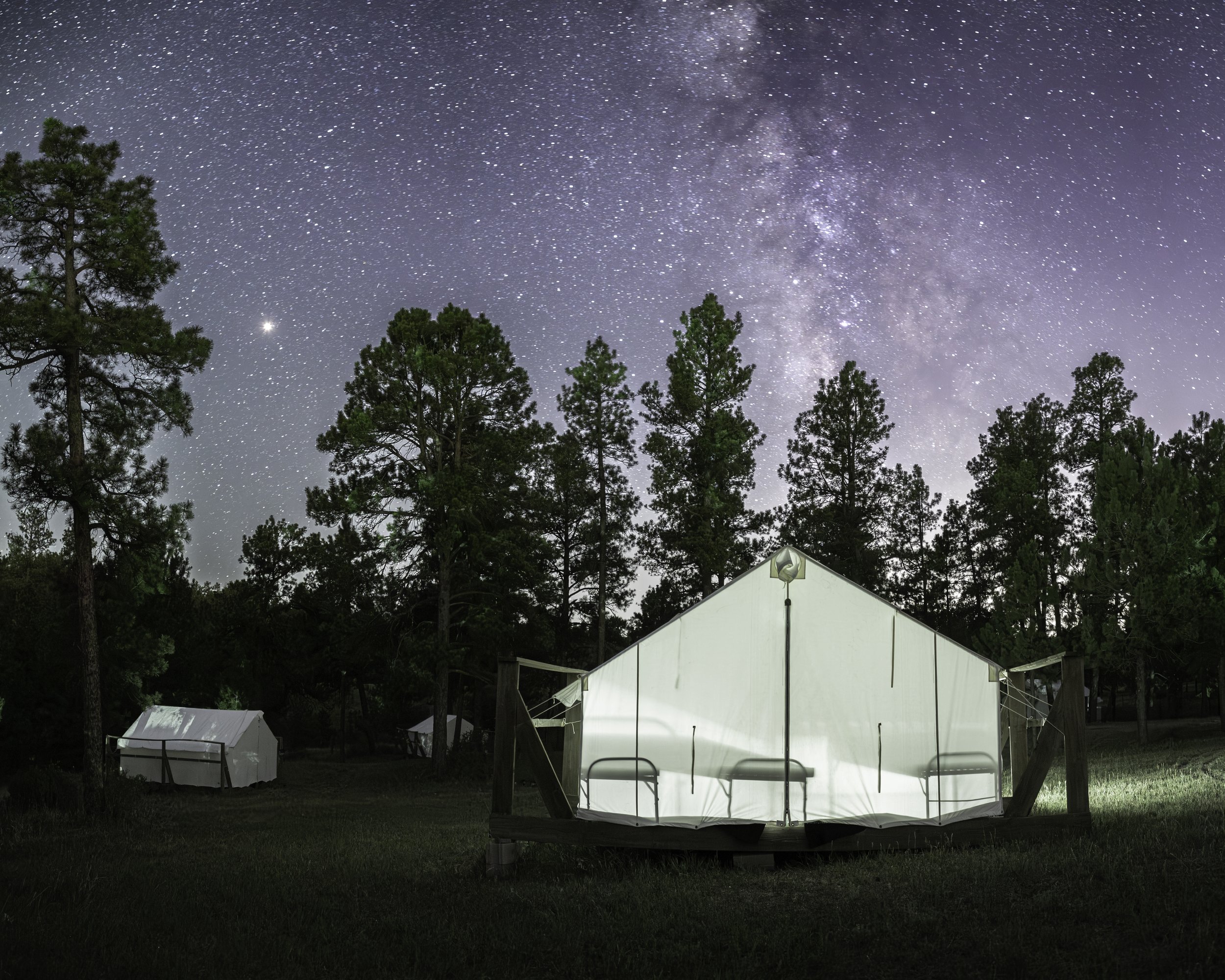 Camping tents set up in a forest clearing at night with a starry sky and the Milky Way galaxy visible overhead.