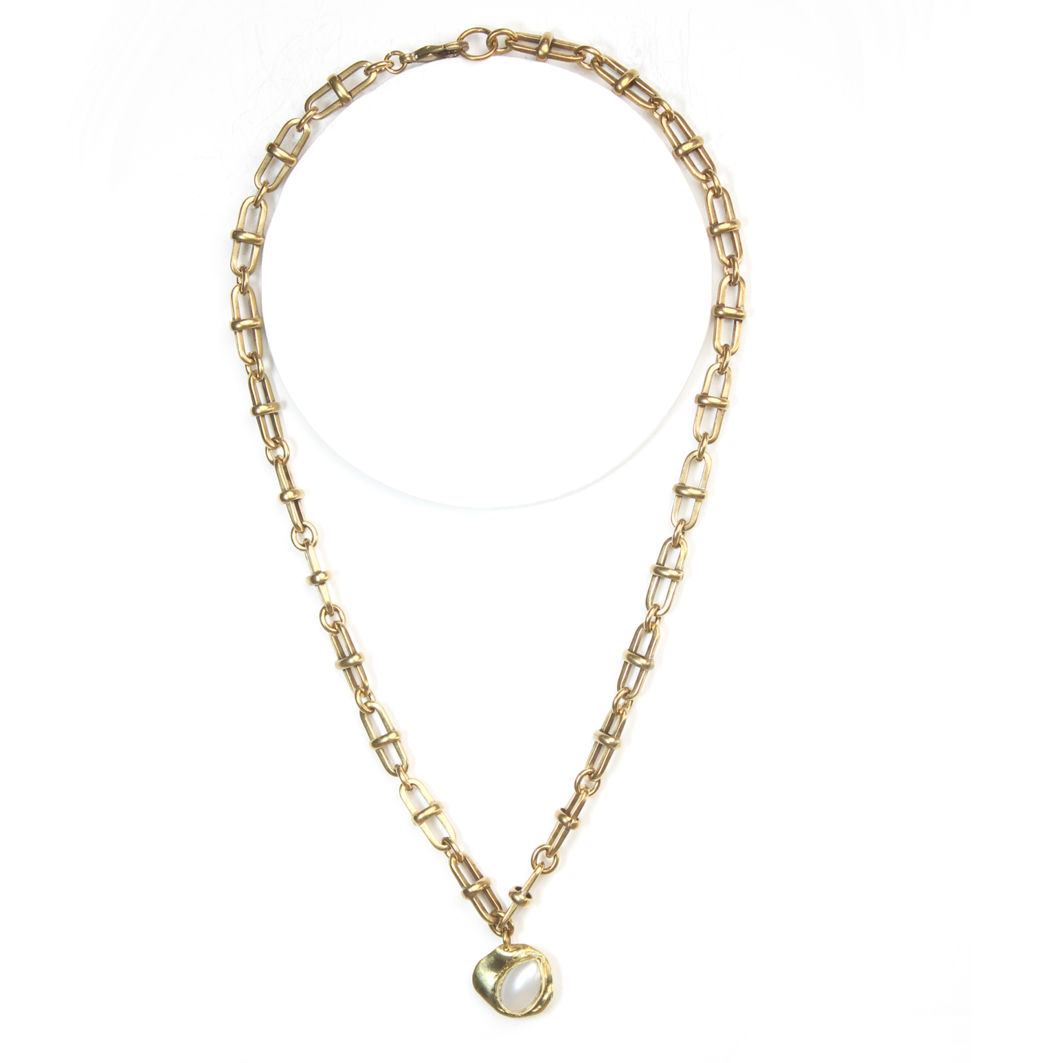 brass chain necklace with bezel set pear shaped freshwater pearl