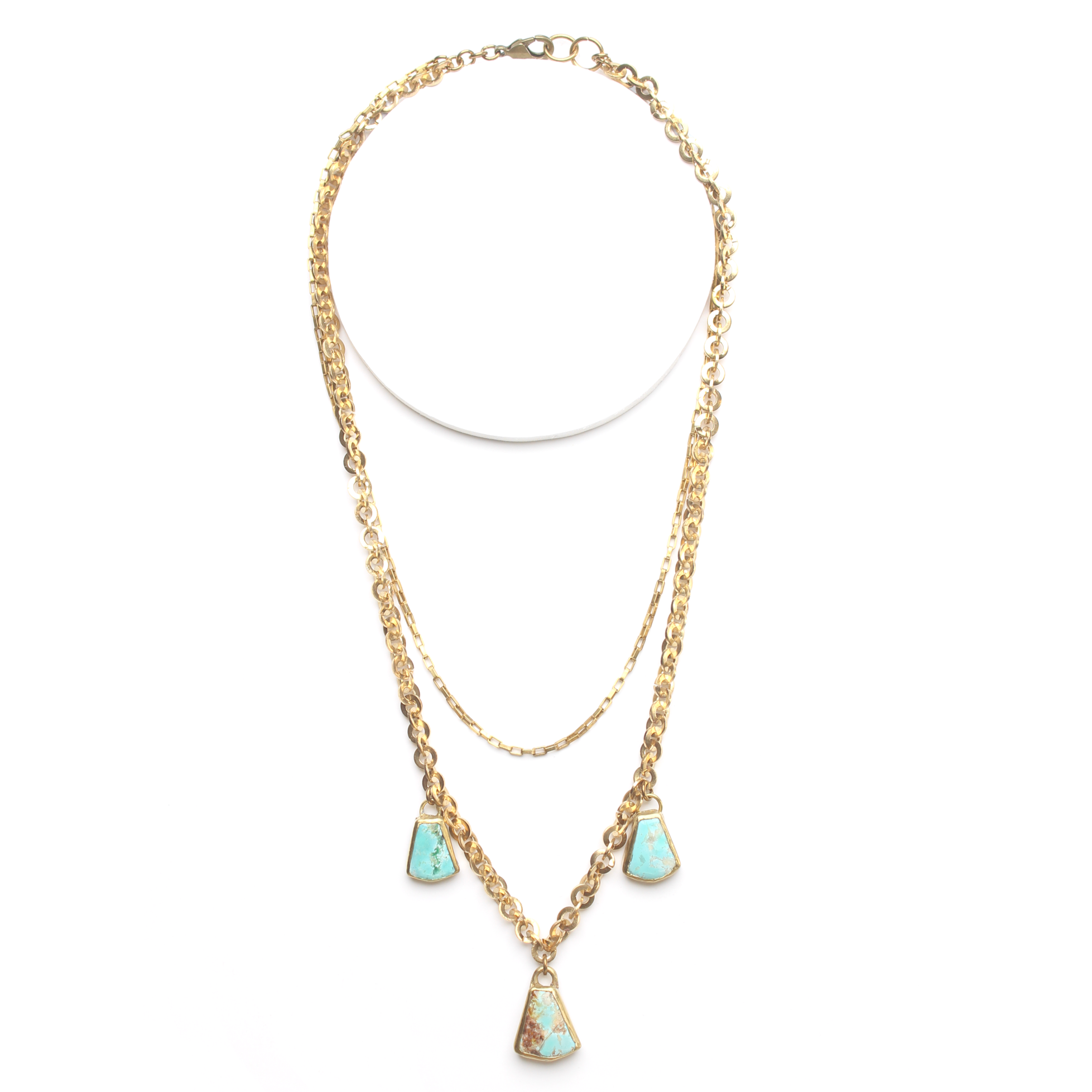 long necklace with three turquoise stones