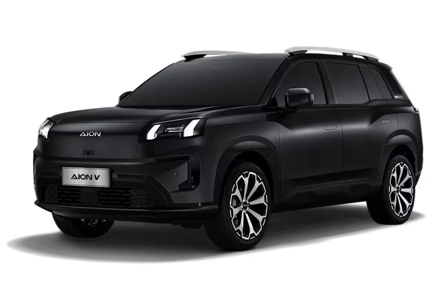 Black electric SUV with sleek design, LED headlights, and distinctive alloy wheels, labeled AION V.