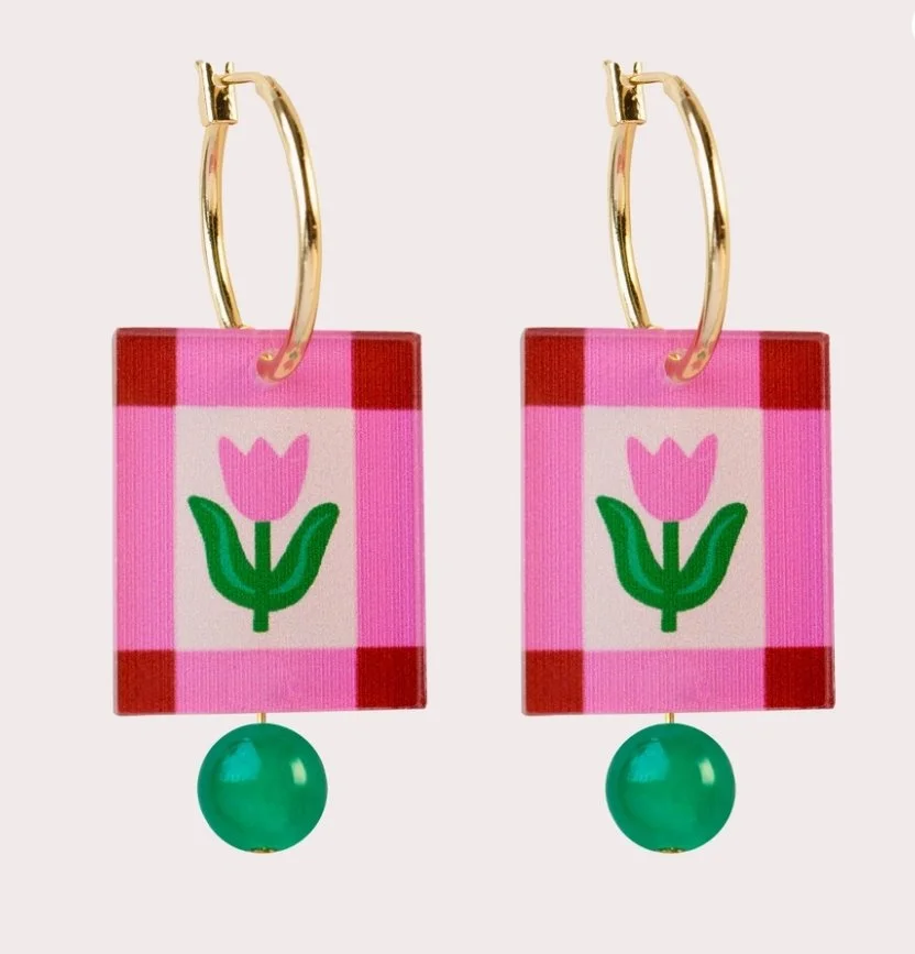 Natalie Lea Owen - Square Hoop Earrings - Red Pink Folk Floral