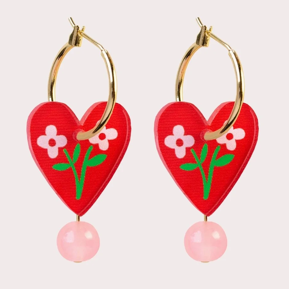 Natalie Lea Owen - Heart Dangle Earrings - Red Floral