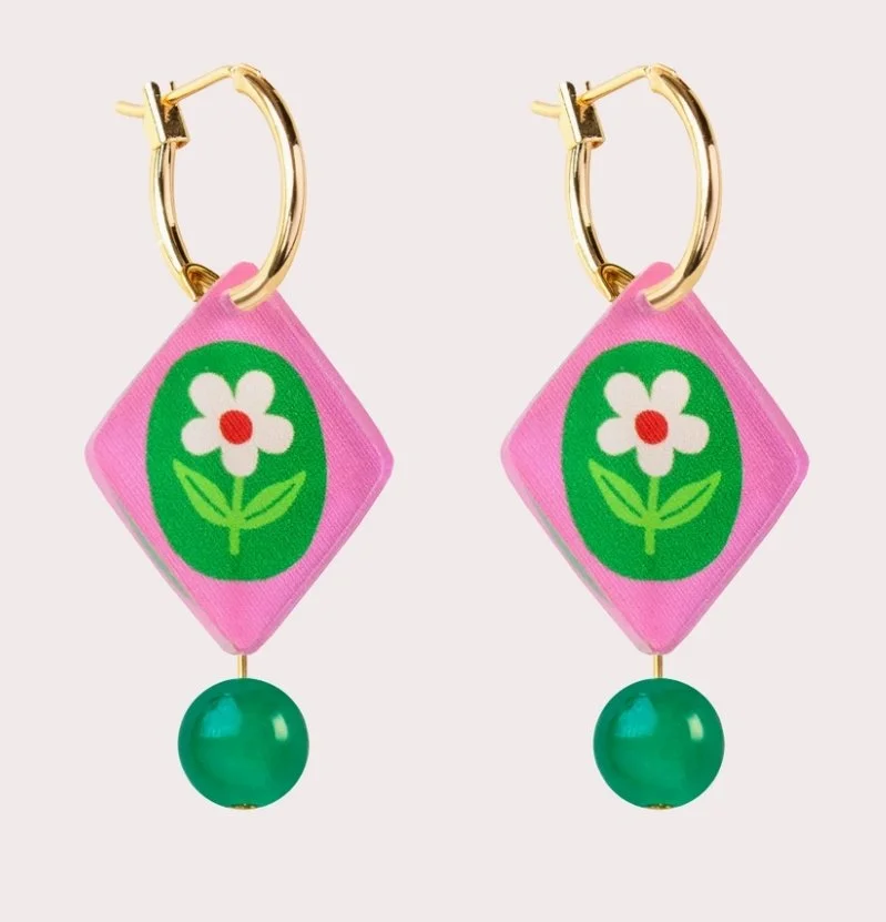 Natalie Lea Owen - Diamond Hoop Earrings - Pink Floral Charm