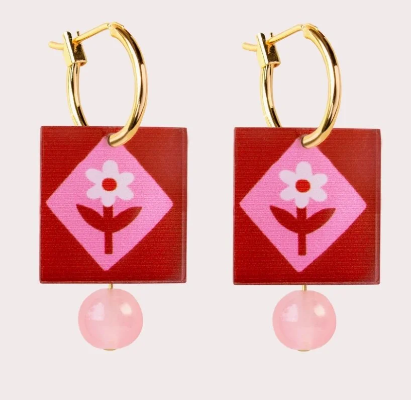 Natalie Lea Owen - Square Hoop Earrings - Red Pink Folk Floral