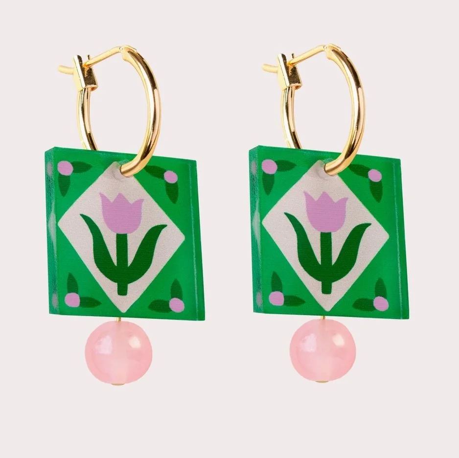 Natalie Lea Owen - Square Hoop Earrings - Green Folk Floral