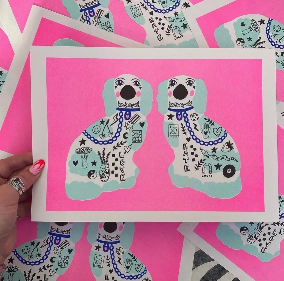 Amy Hastings - Tattooed Staffordshire Dogs A4 Risograph Print