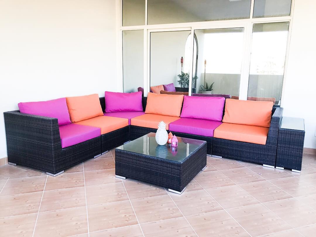 In love with our new pick&rsquo;n&rsquo;mix cushions on our terrace 😍⠀
⠀
Colourfast for minimum 5 years so these won&rsquo;t be fading ☀️ ⠀
⠀
Cushions by Tigerlily Upholstery⠀
Fabric - Agora Fabrics⠀
⠀
#agorafabrics #outdoorfurniture #bahrain #pickn