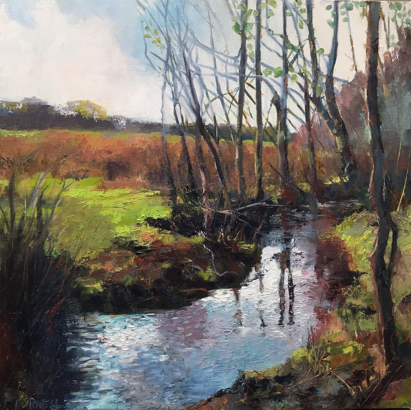 Our stream when flooded in winter. I painted it in oils when we first moved here. Just so lovely to look out beyond our woods and stretch my eyes. I remember how cold I was. Numb fingers sketching so the rest was done in the studio. Got it out the ot