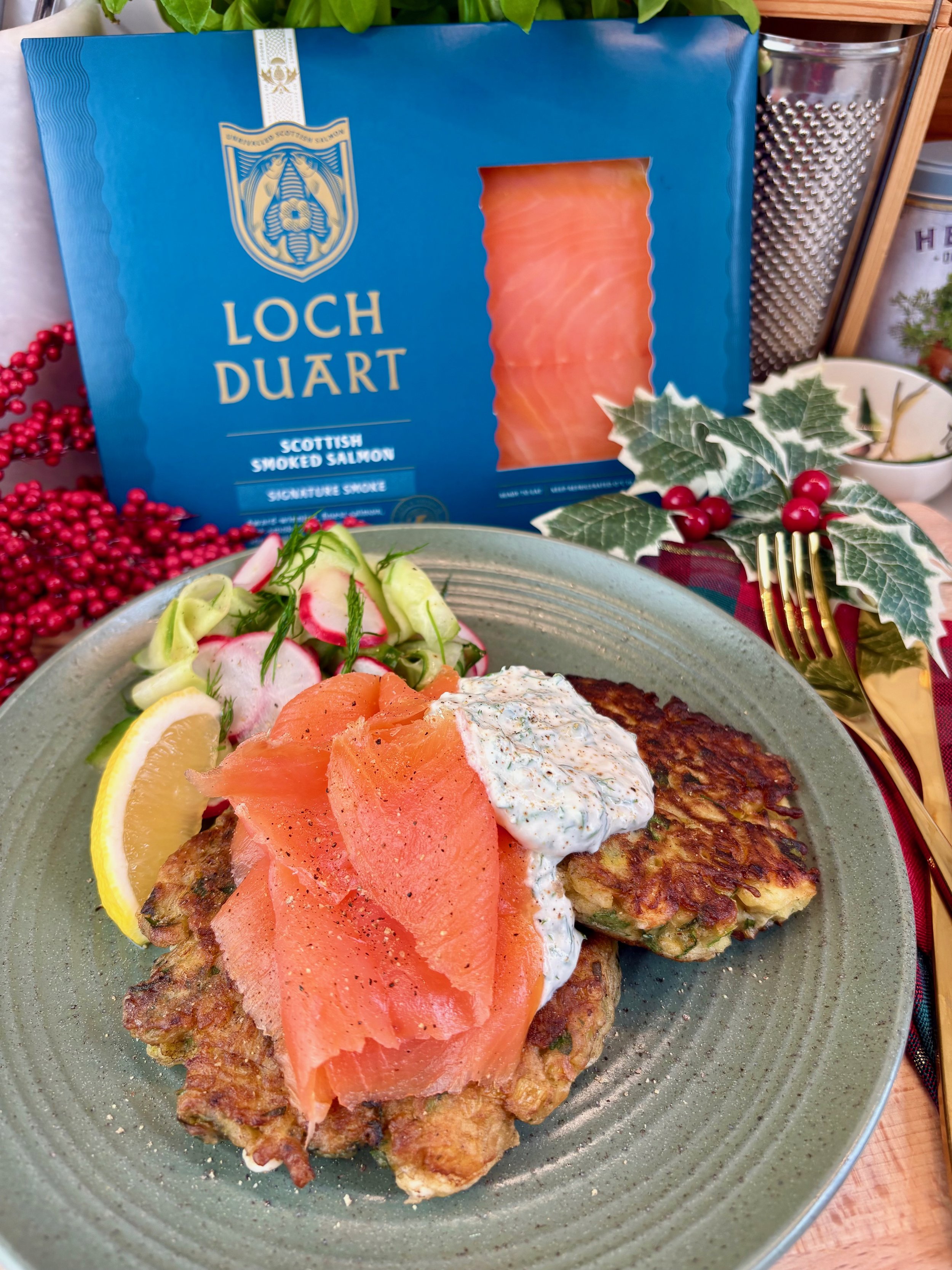 leek fritters with salmon and horseradish cream