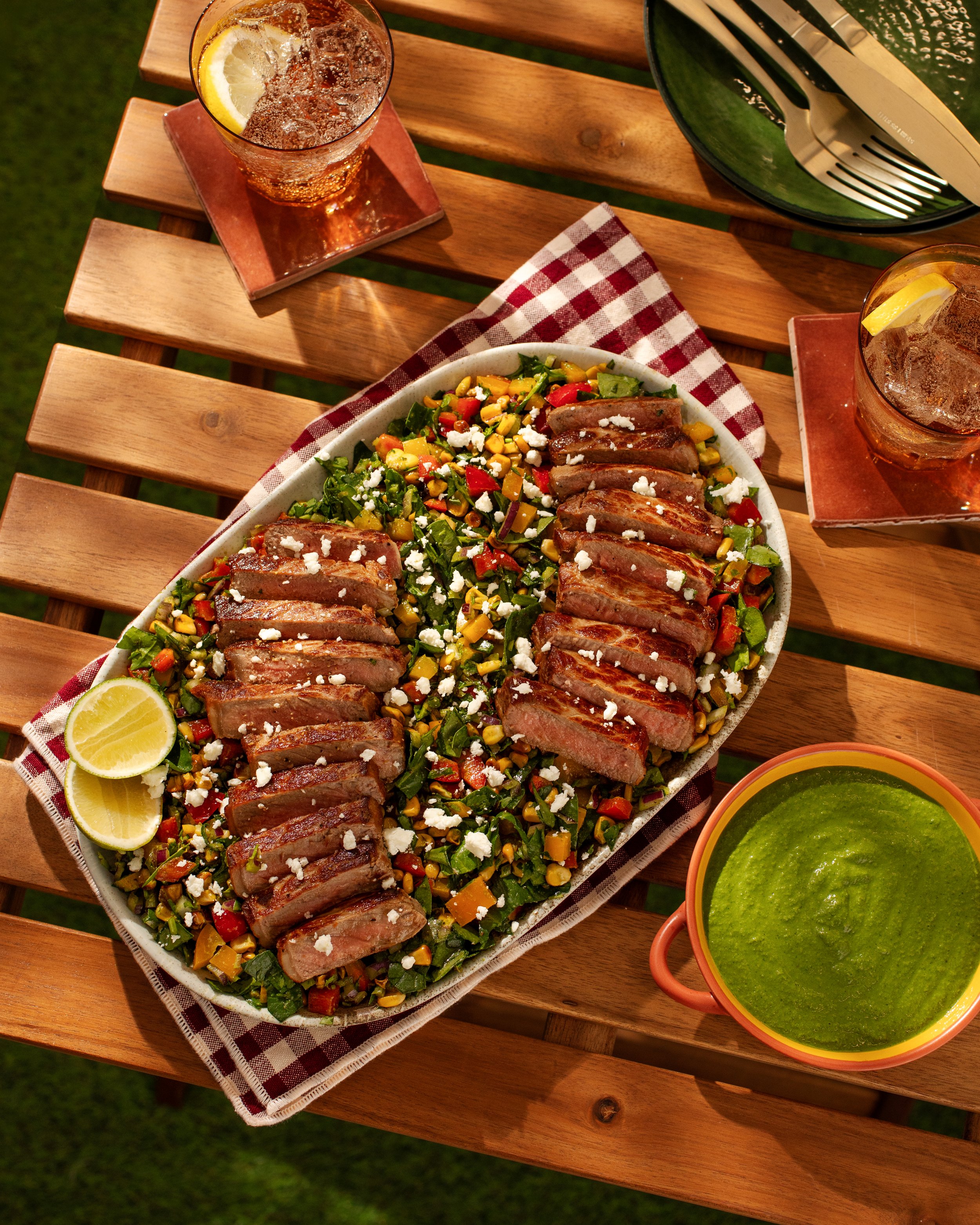 steak with charred corn salad