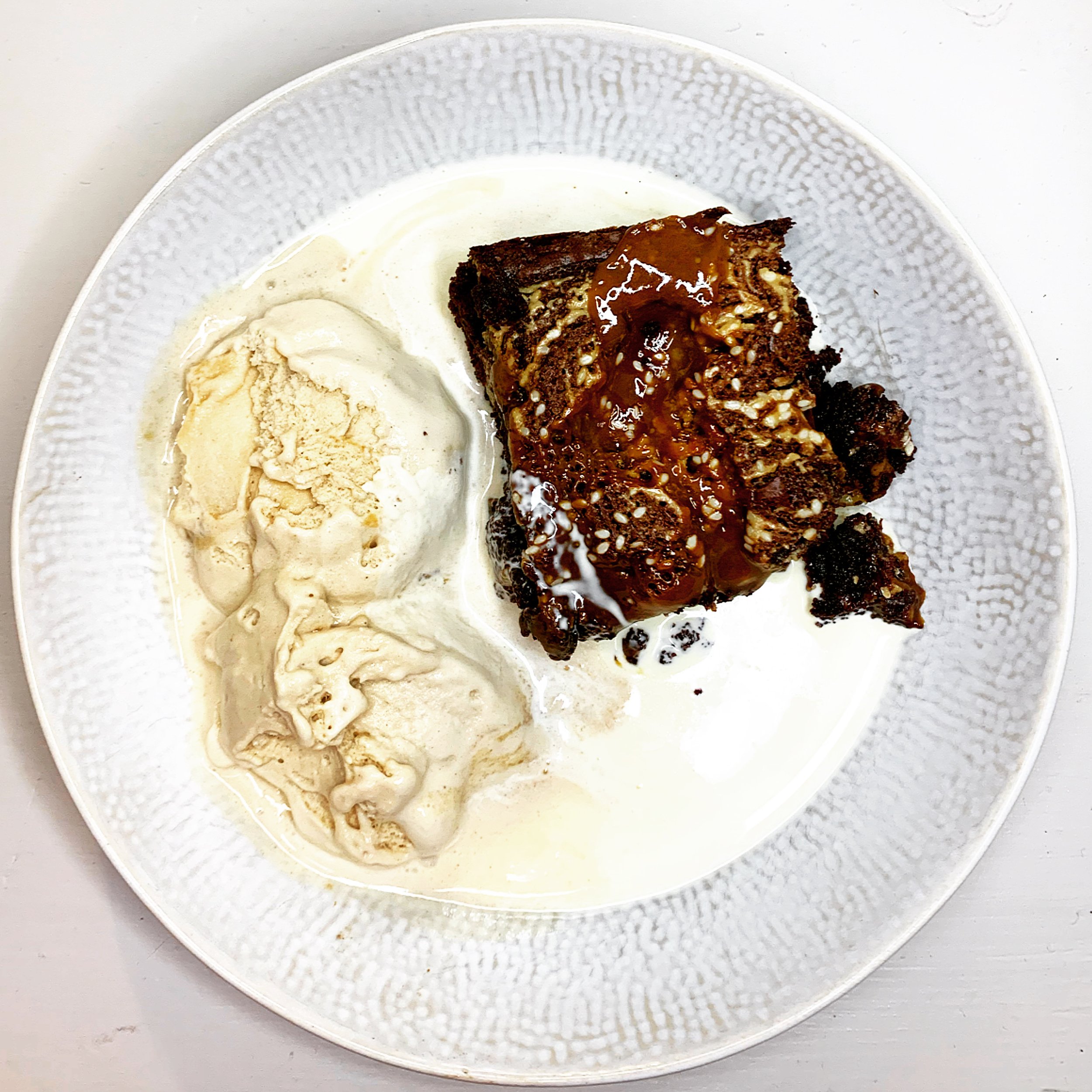 Tahini Walnut Brownies with Tamarind Miso Caramel