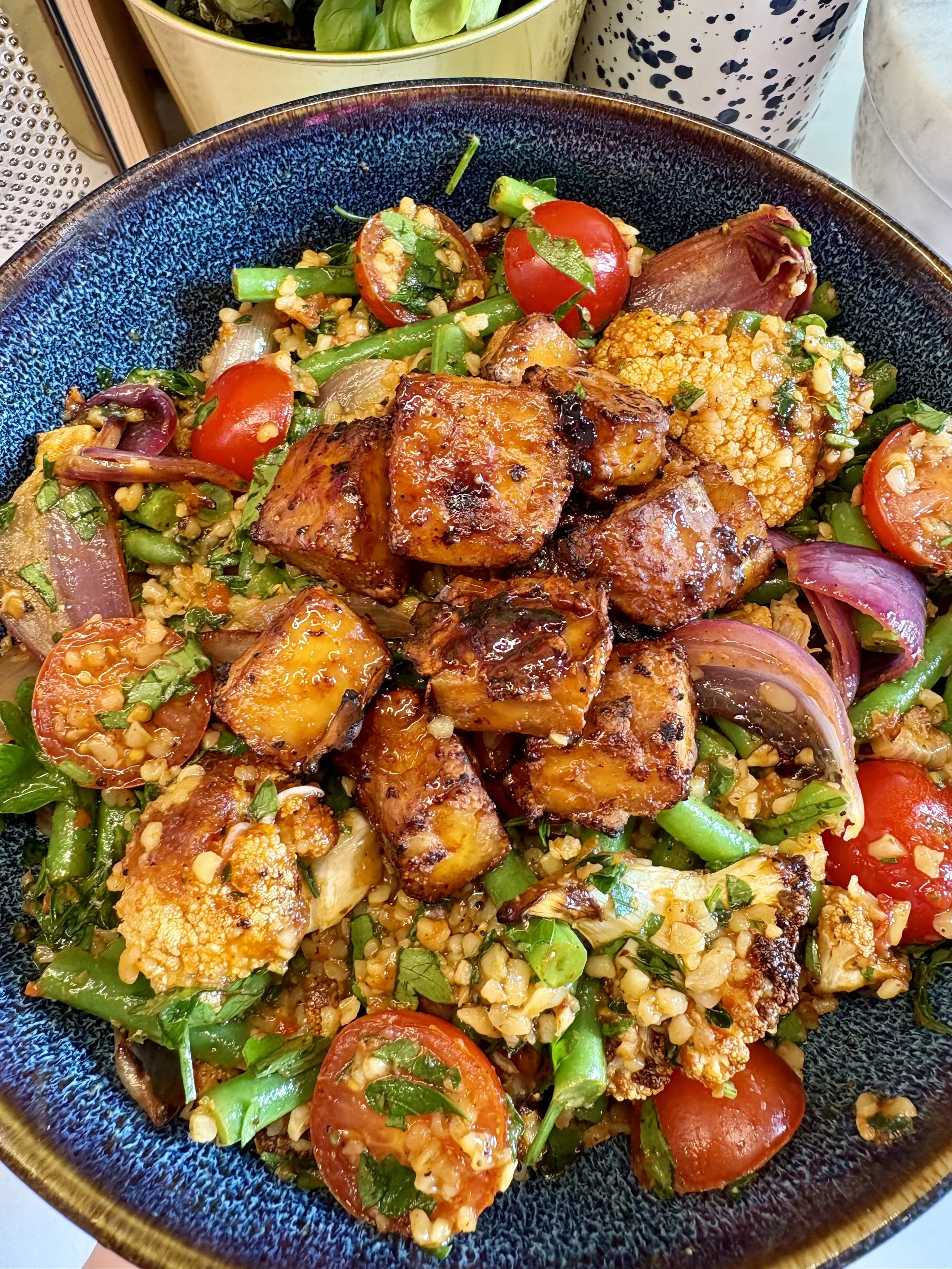 Sriracha, Soy and Lime Air Fried Tofu with Fridge Raid Bulgur Salad