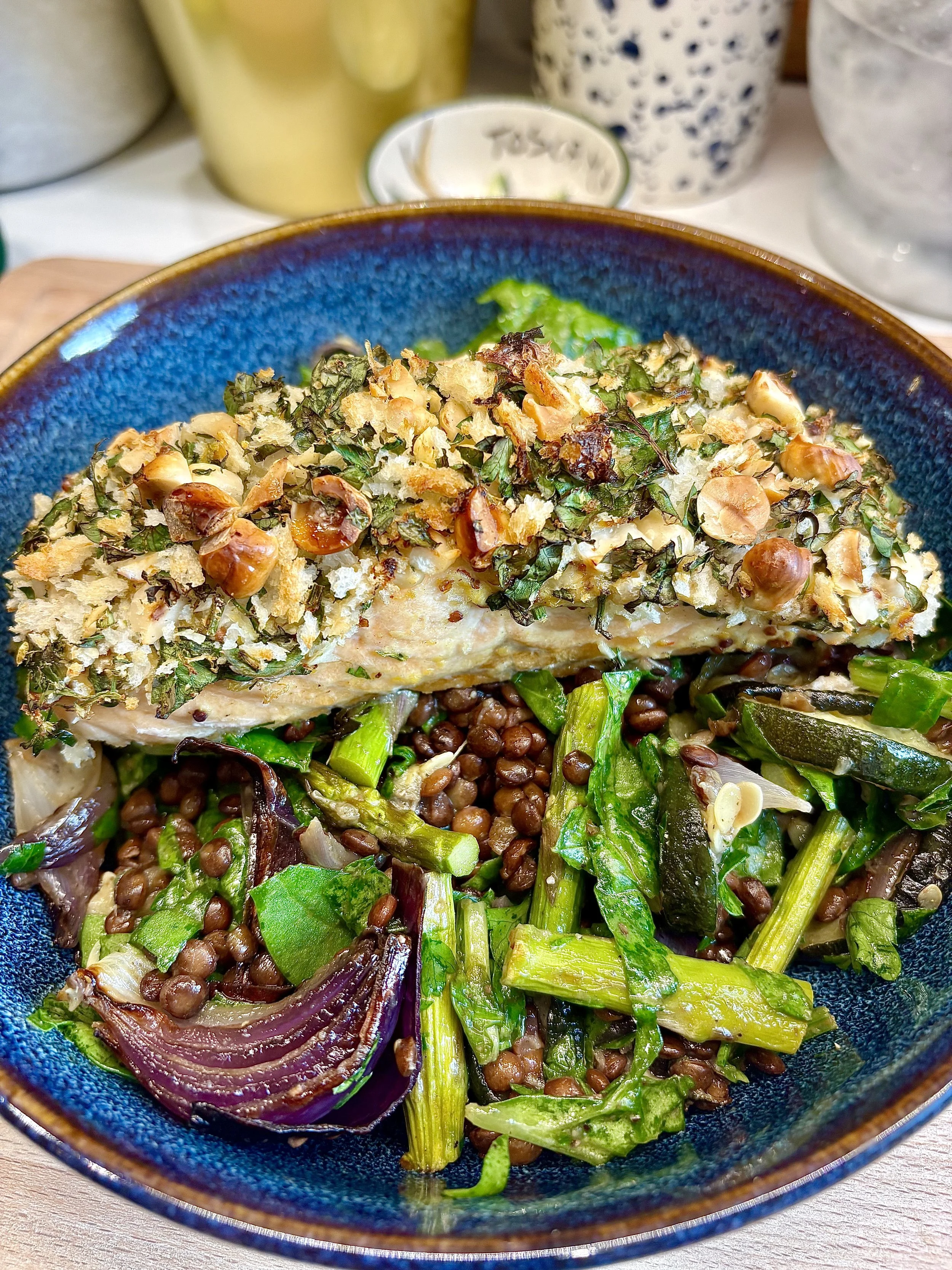 Horseradish &amp; Hazelnut Crusted Salmon with Asparagus Puy Lentils