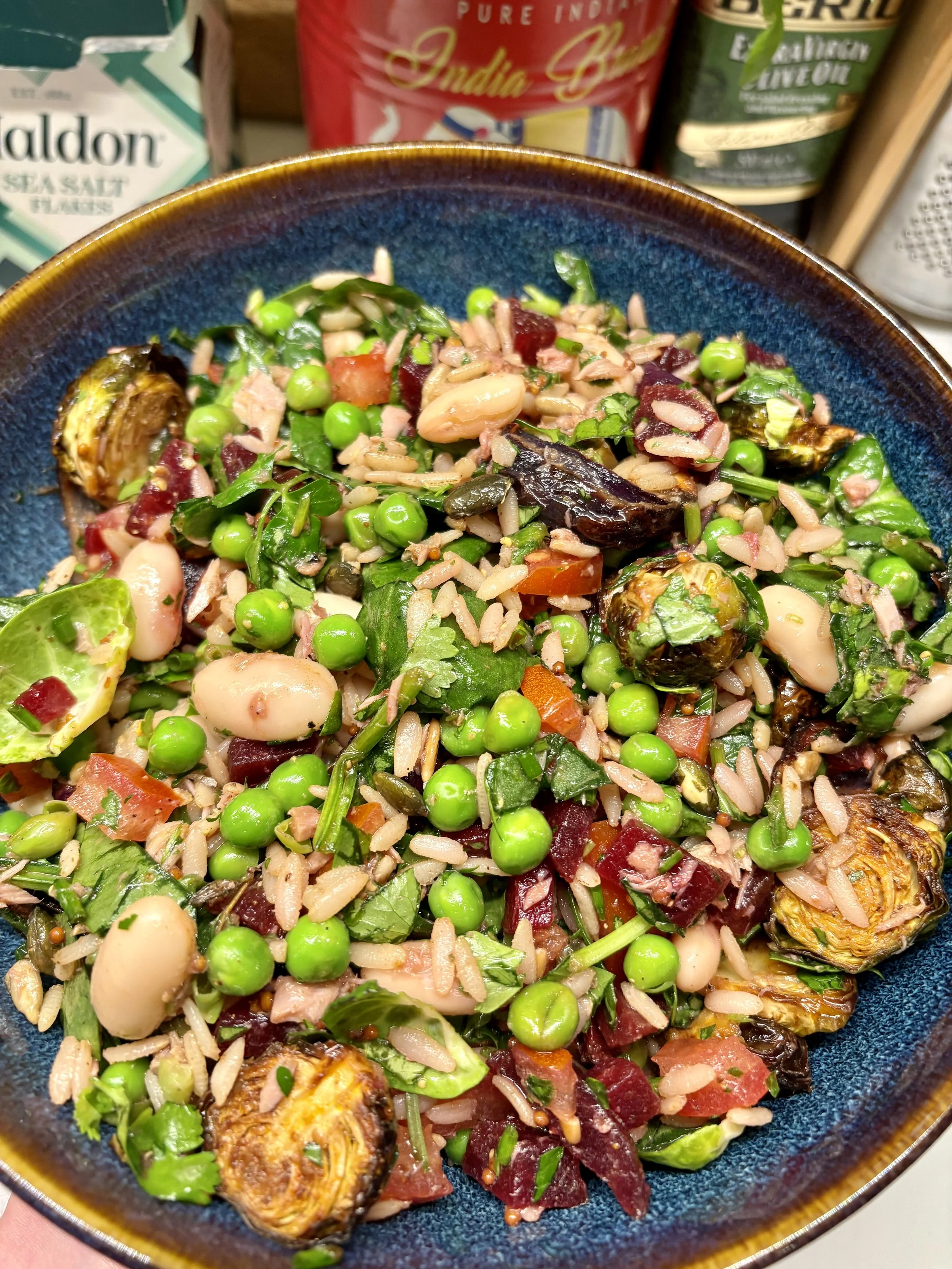 Roast Brussel Sprout, Tuna &amp; Brown Rice Fridge-Raid Salad with Dijon Honey Dressing