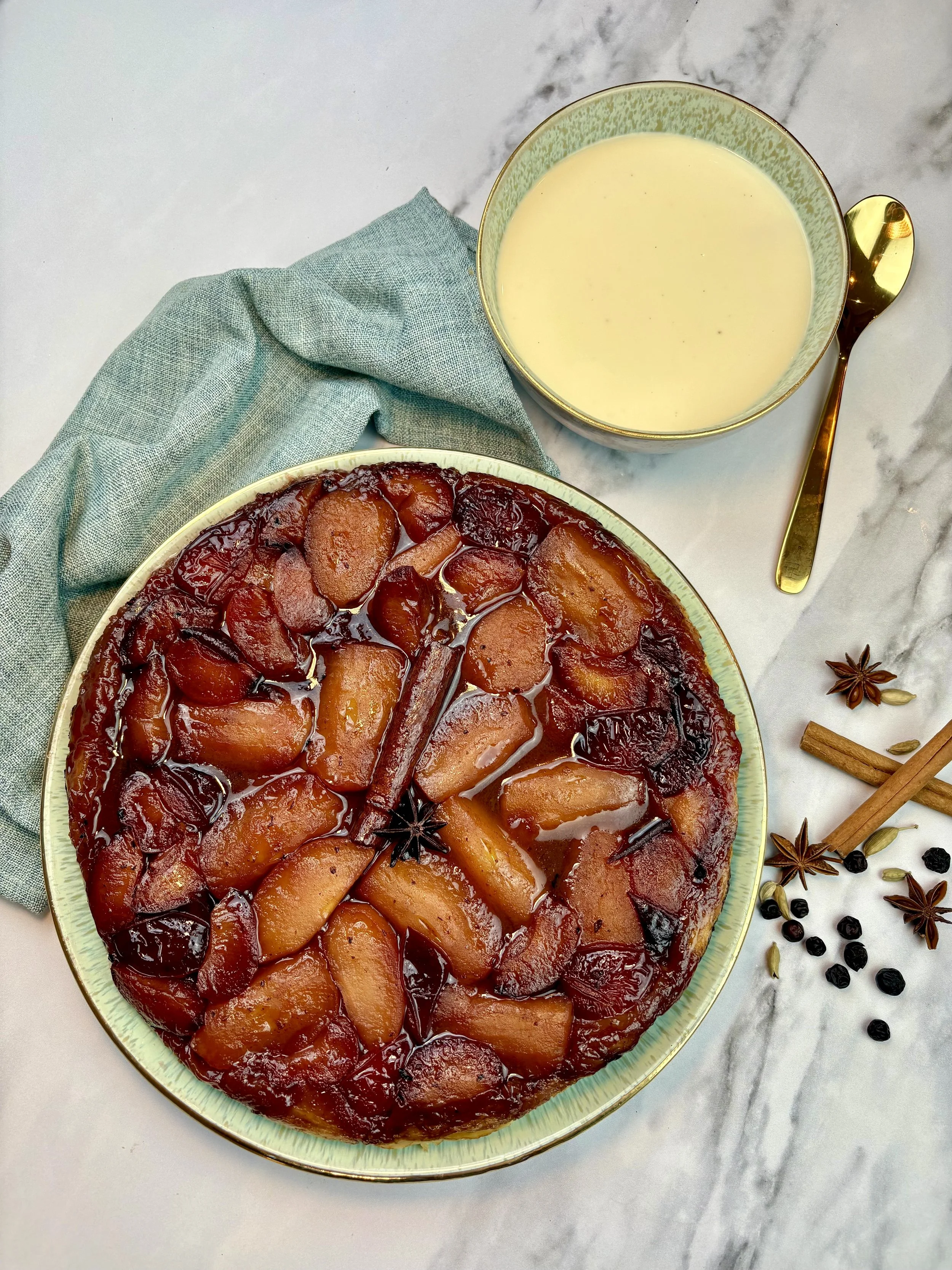 Apple, Plum and Juniper Tart Tatin with Stem Ginger and Cardamom Custard