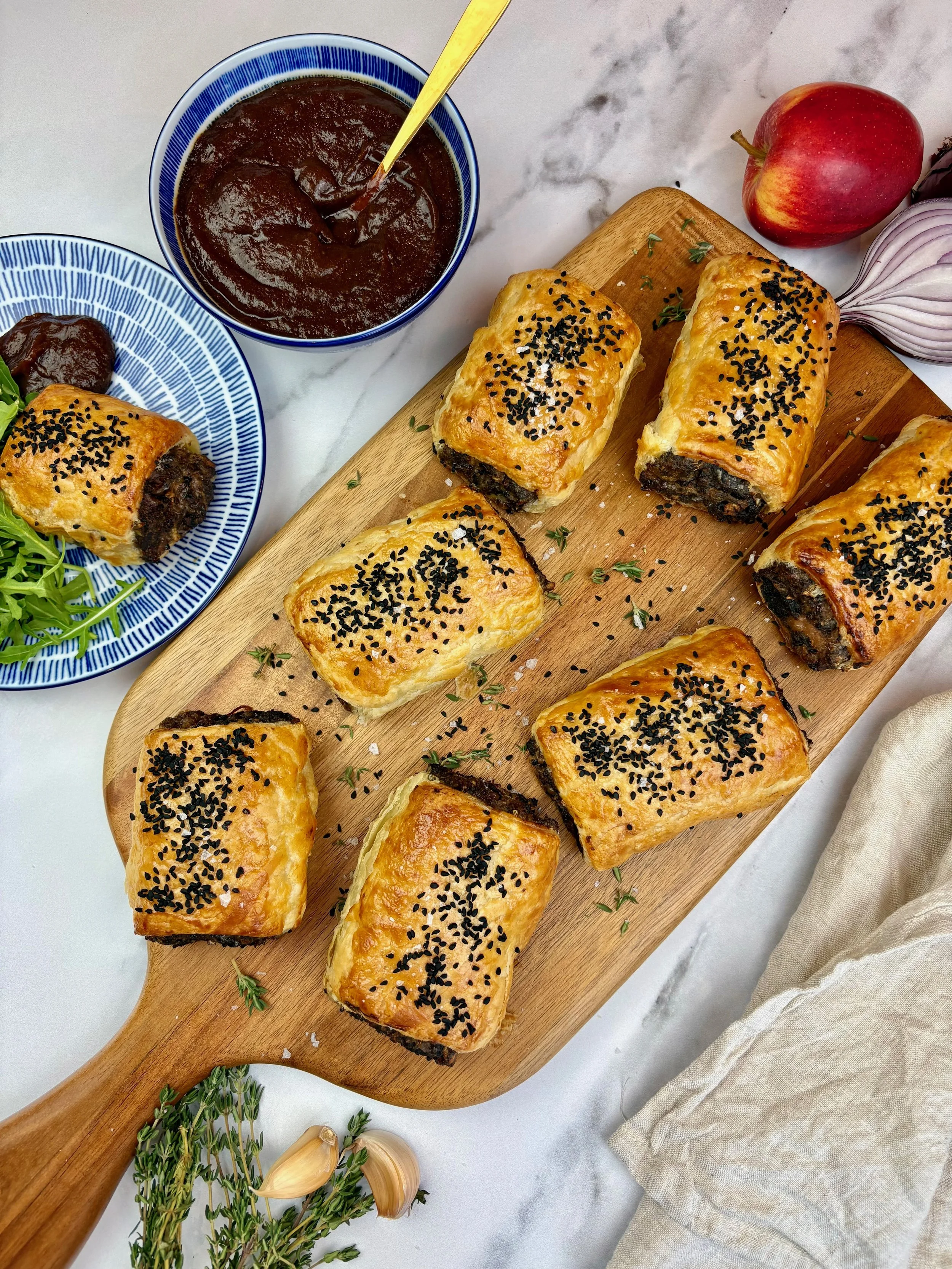 Black Pudding and Pork Sausage Rolls with Homemade Brown Sauce 