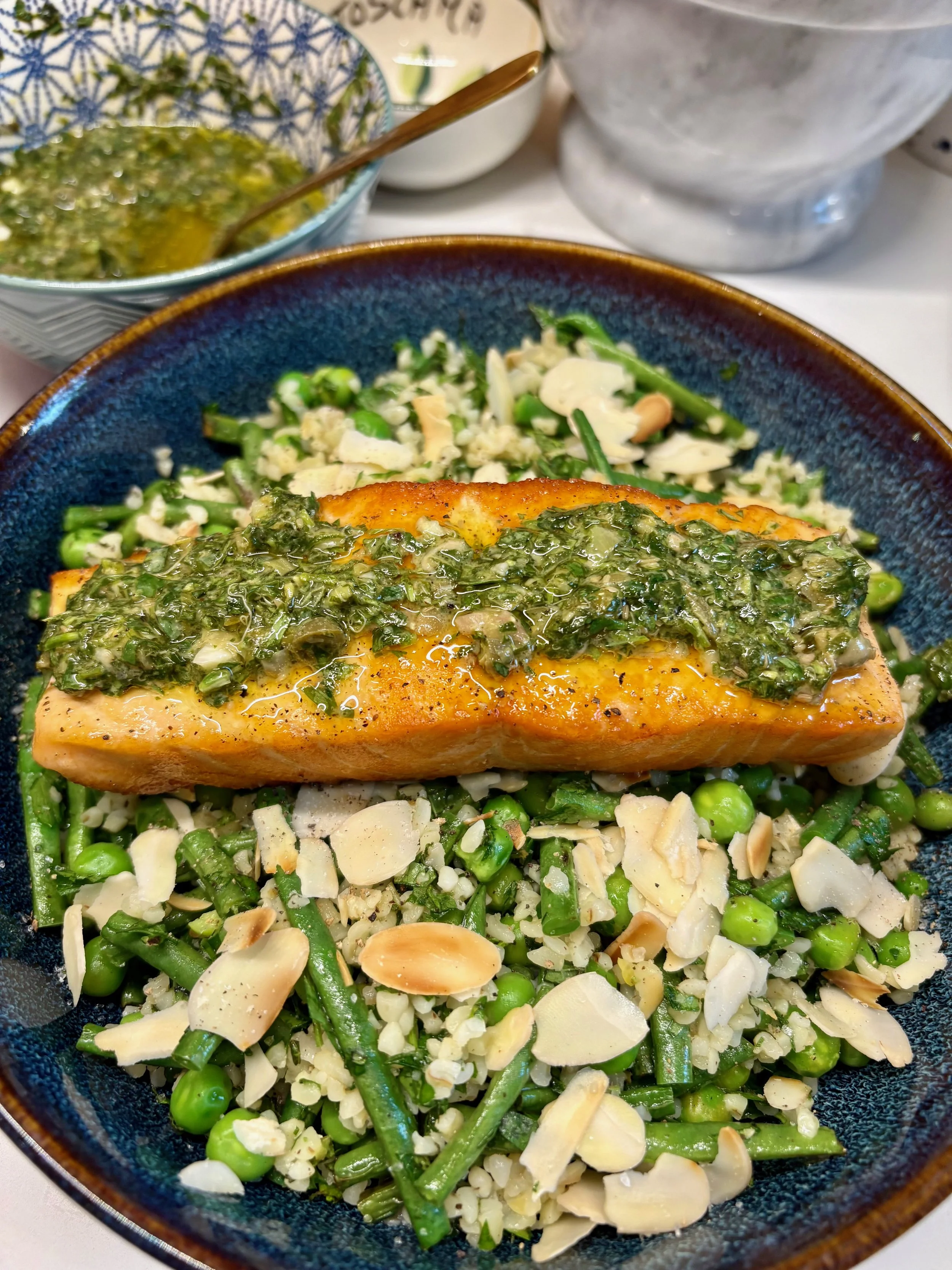 Pan-Fried Salmon with Salsa Verde, Green Bean Bulgur Wheat and Almonds