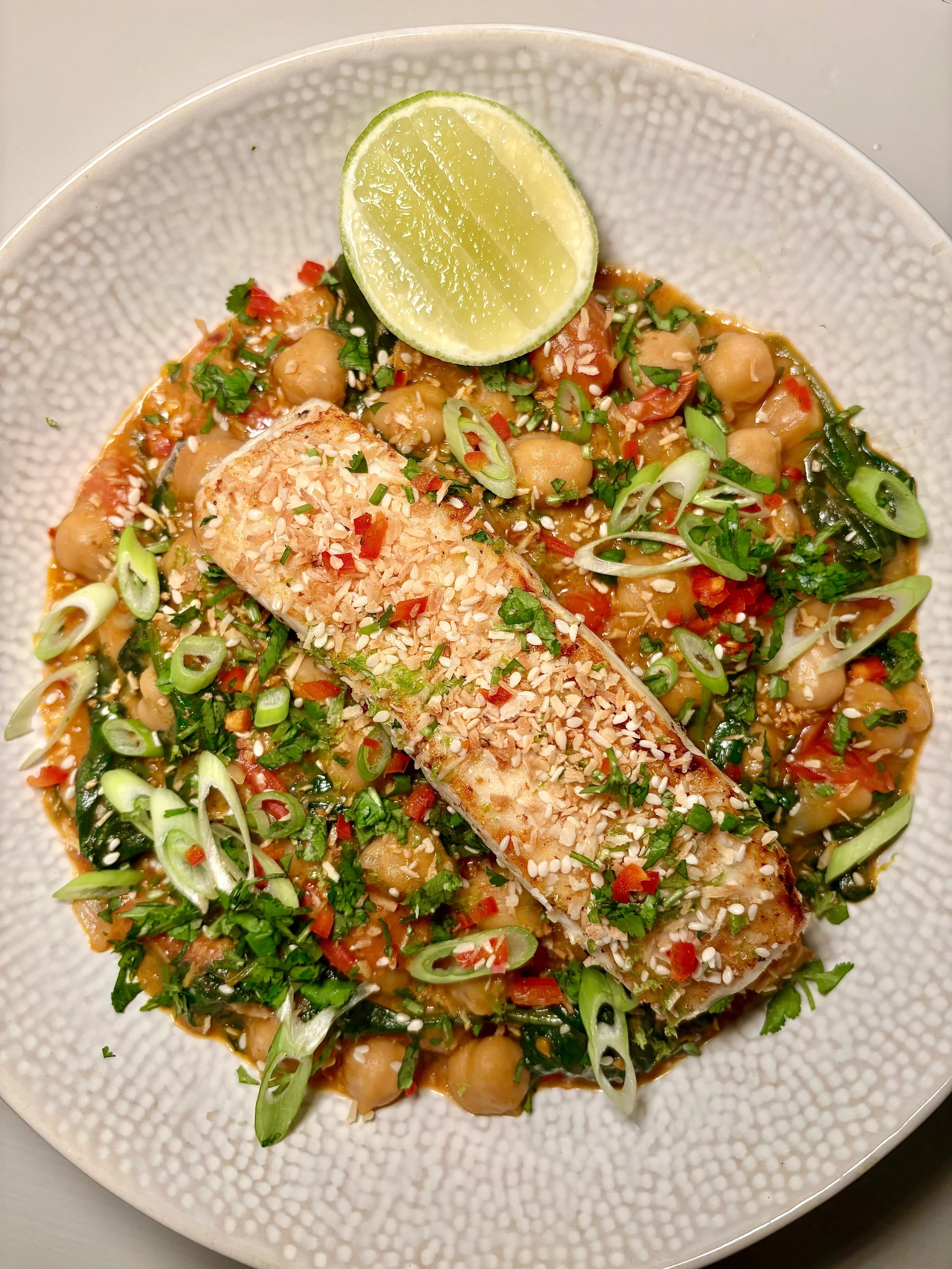 Red Thai Satay Chickpeas with Panfried Halibut and Coconut Crumb