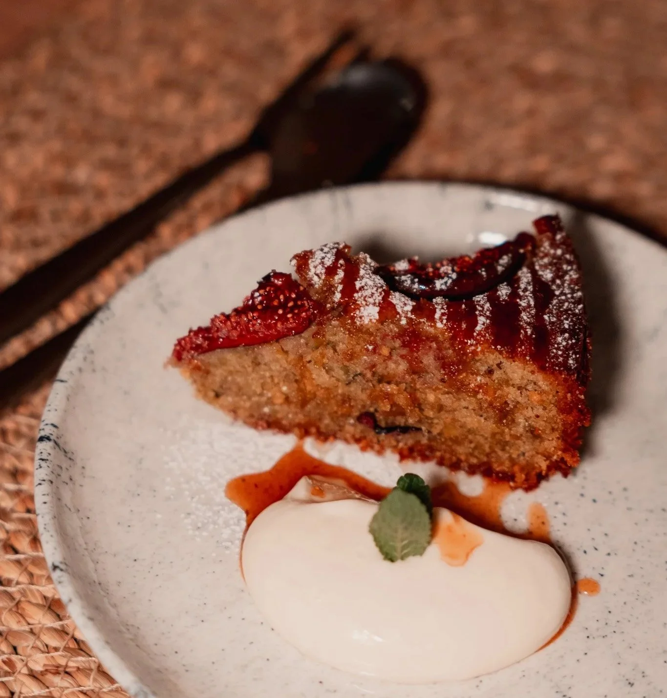 Pistachio Cardamom Fig Cake with Sweetened Yoghurt and Spiced Fig Syrup
