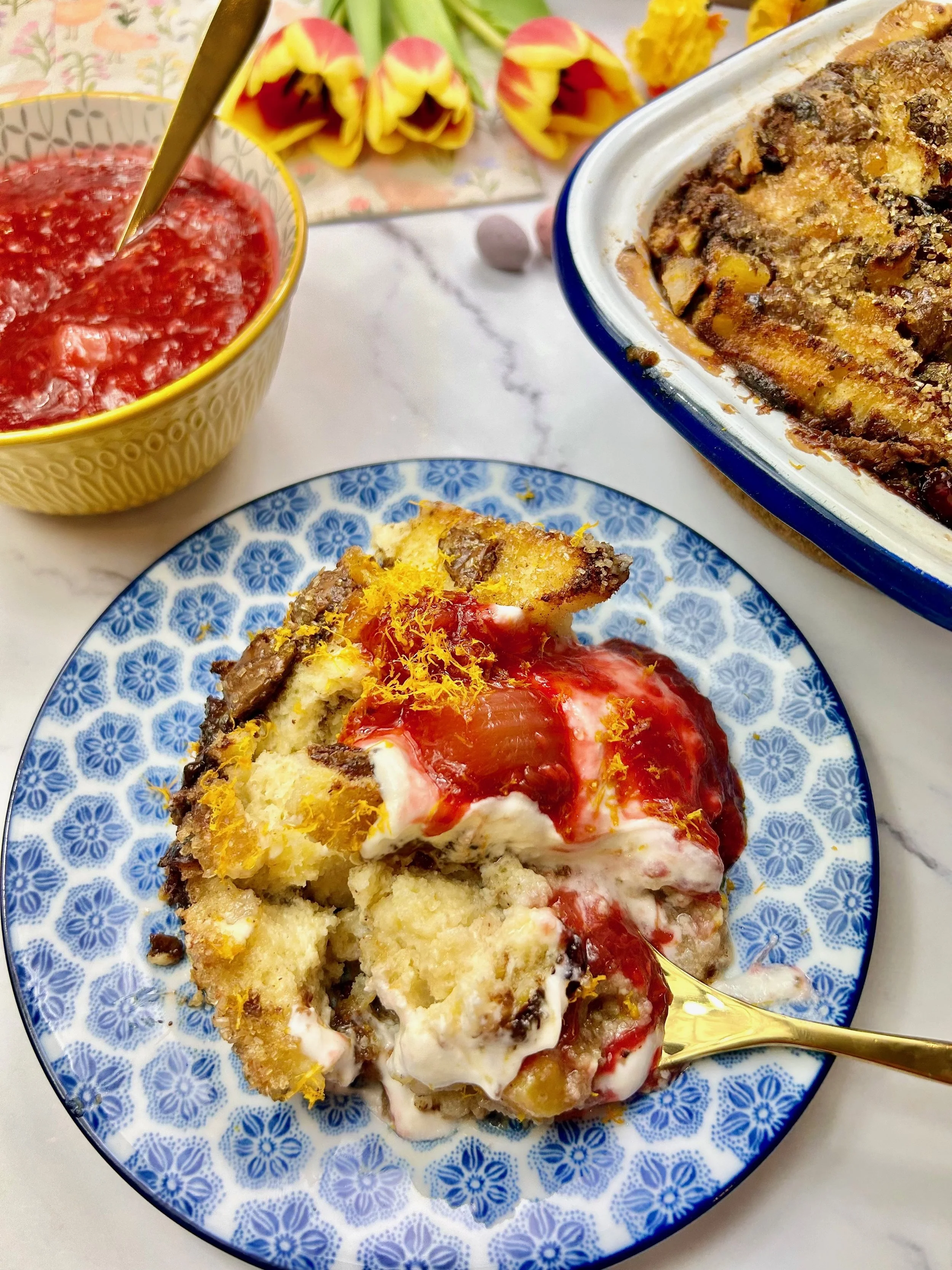 Apricot, Cranberry &amp; Chocolate Bread and Butter Pudding with Rhubarb Orange Compote 