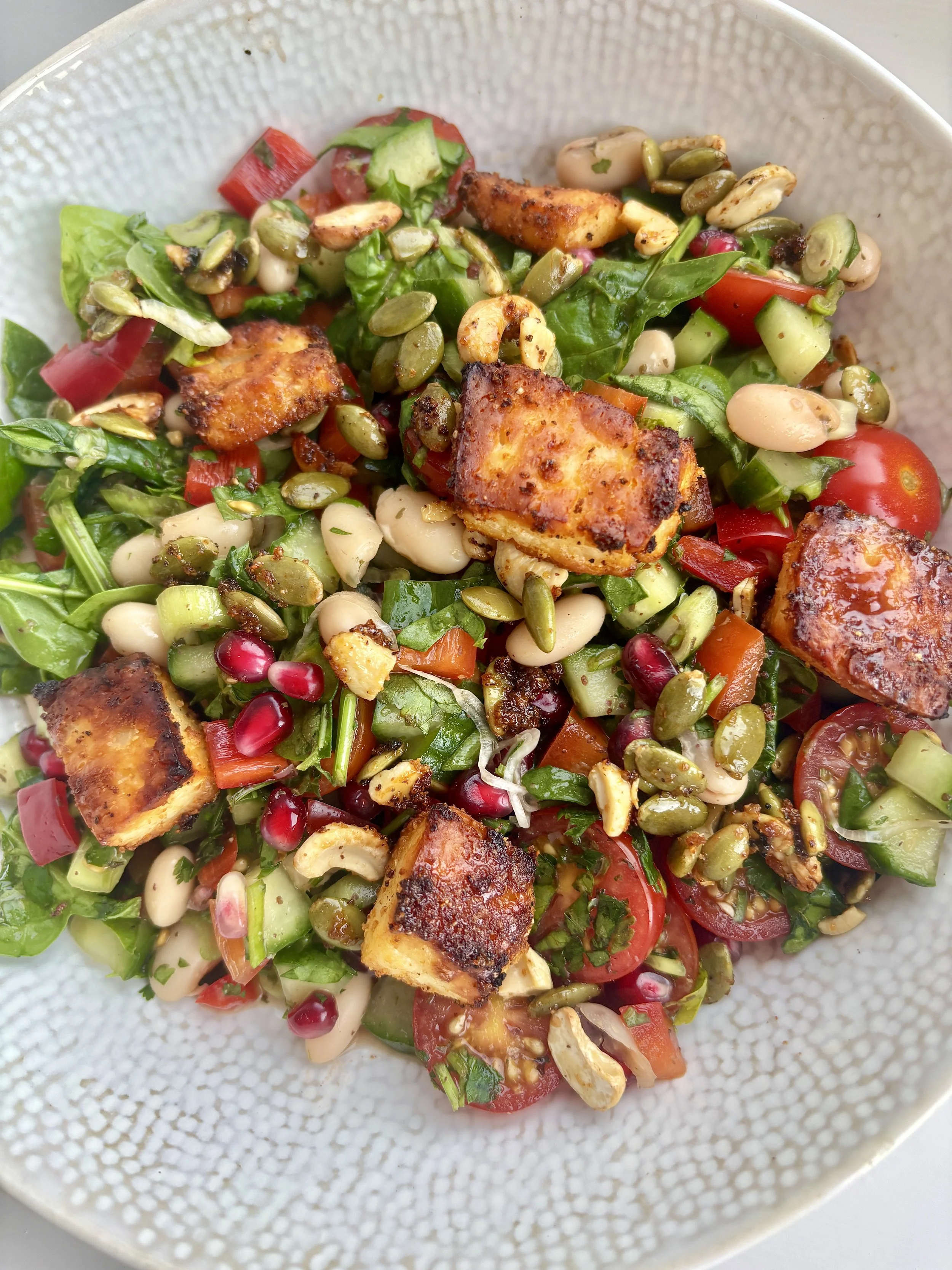Cannellini Bean &amp; Crispy Halloumi Pomegranate Salad