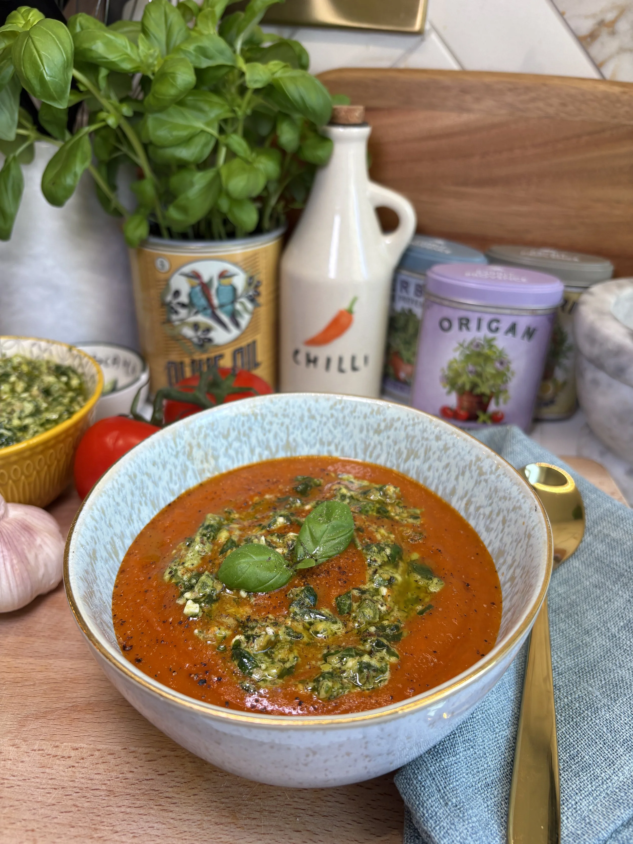 Roasted Red Pepper and Tomato Soup with Pistachio Feta Pesto