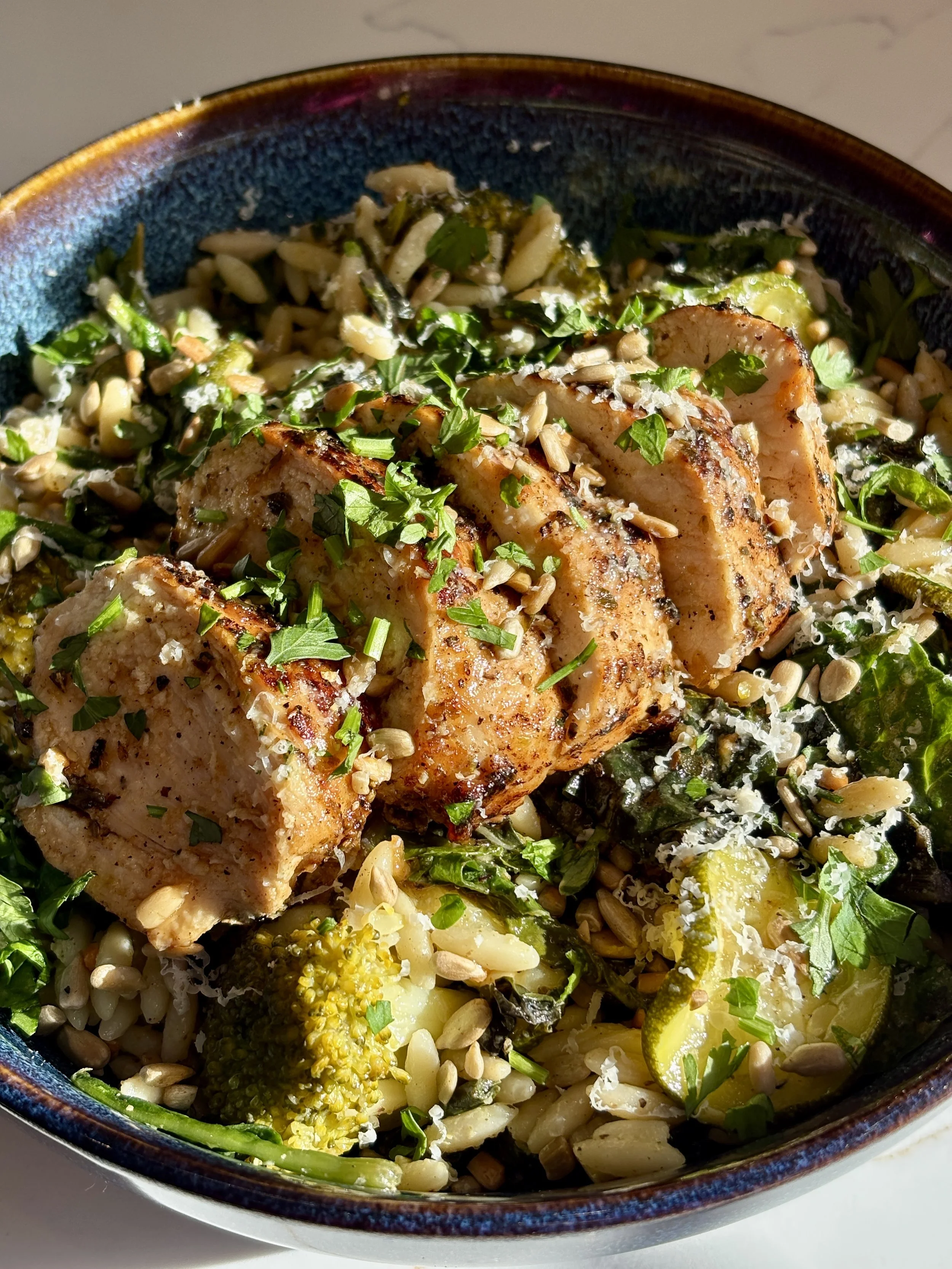 Pan-Fried Lemon &amp; Oregano Chicken with&nbsp; Courgette &amp; Pesto Orzo