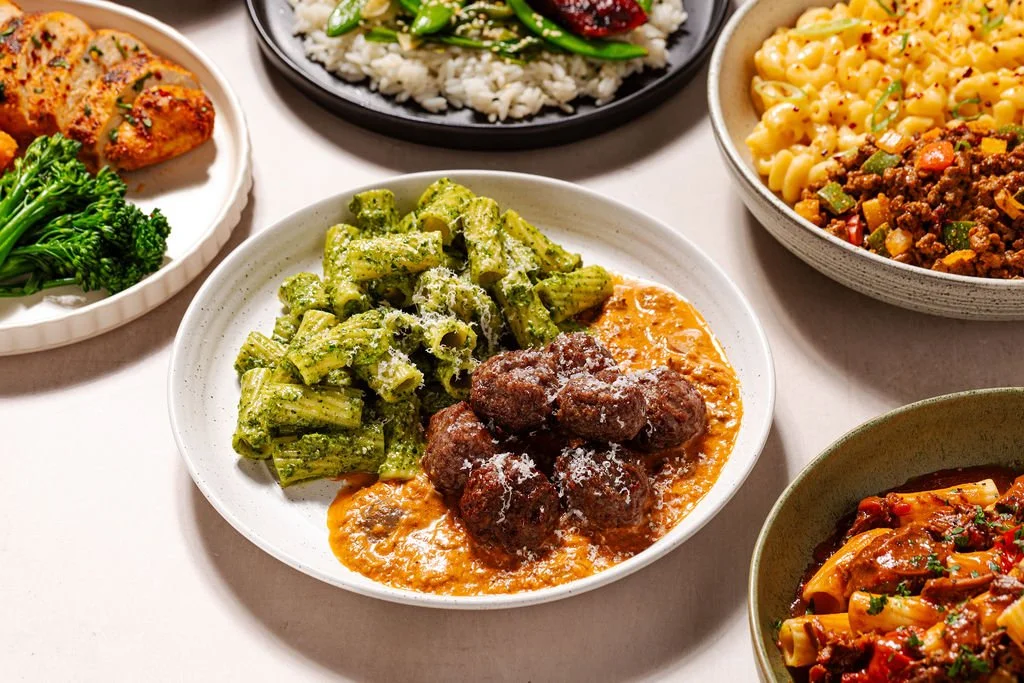 meatballs with pesto rigatoni