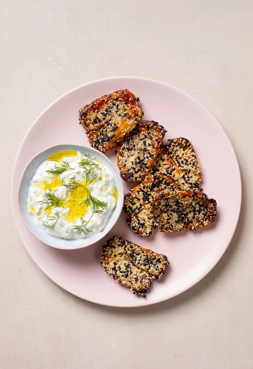 sesame halloumi with tzatziki