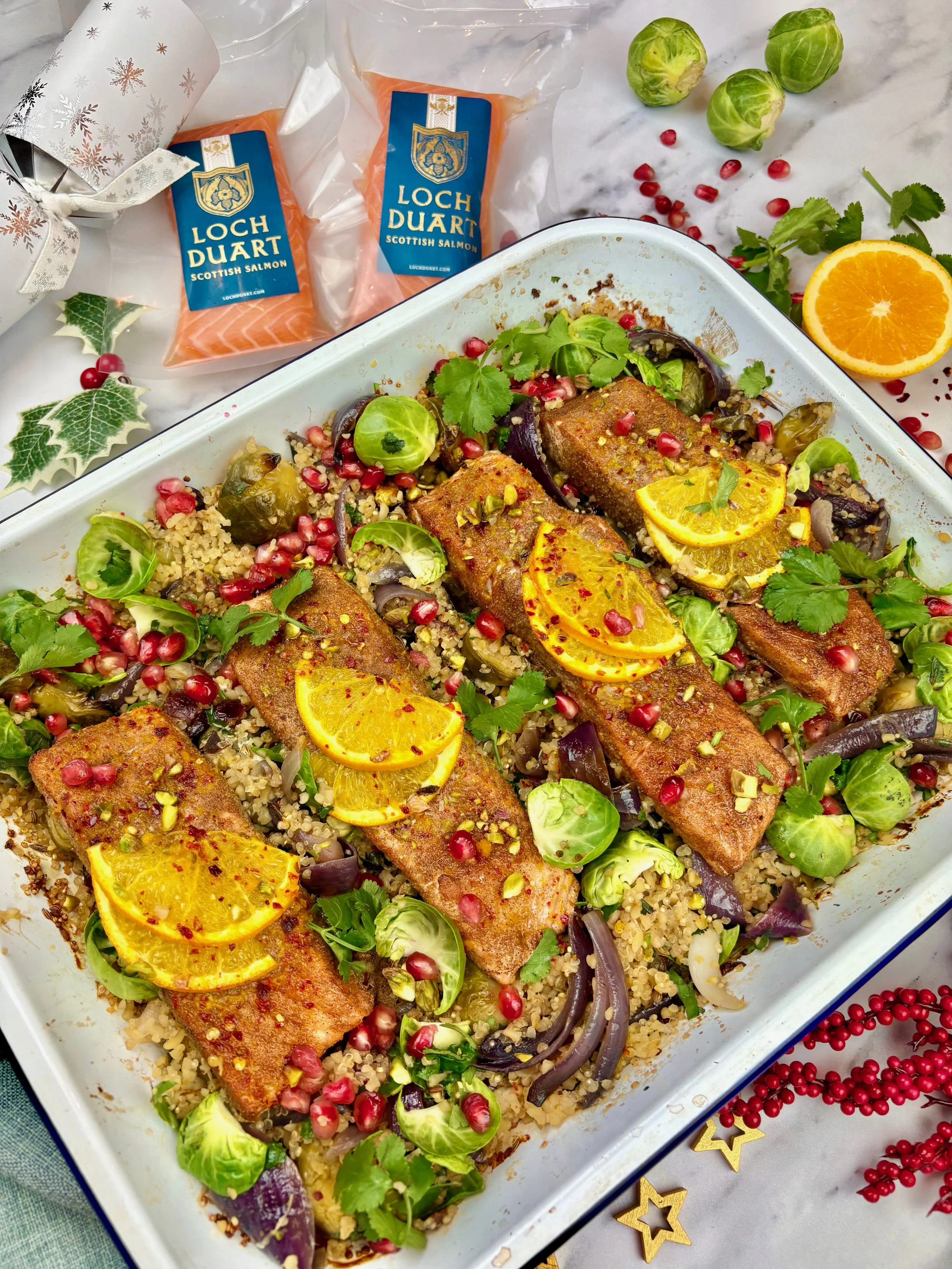salmon brussel sprout traybake