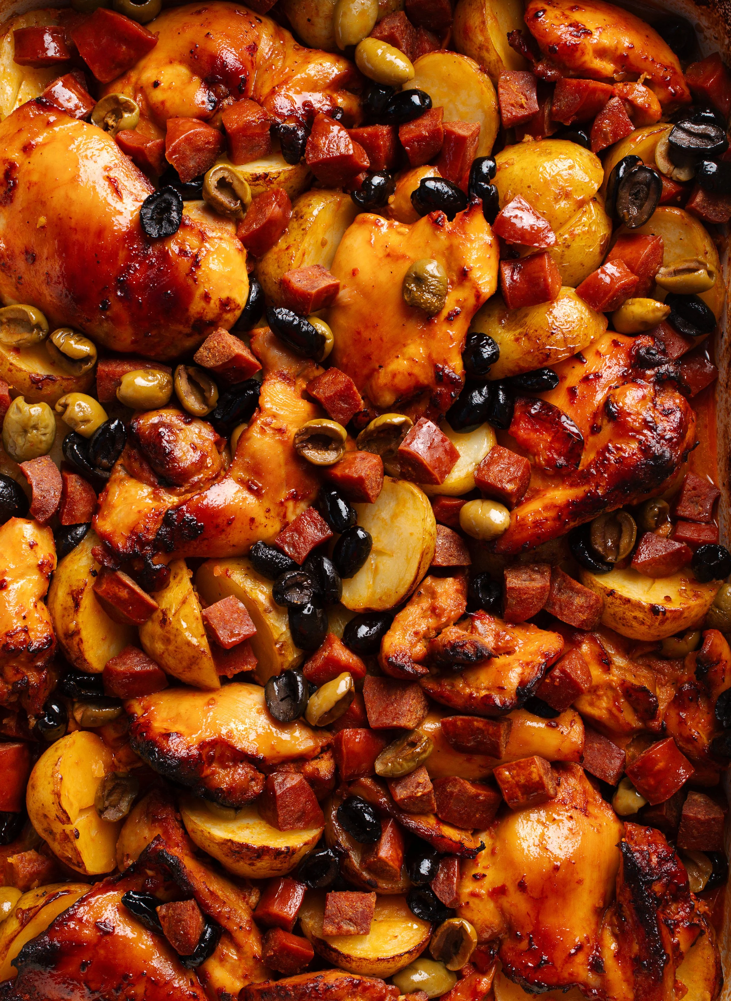 chicken olive chorizo traybake