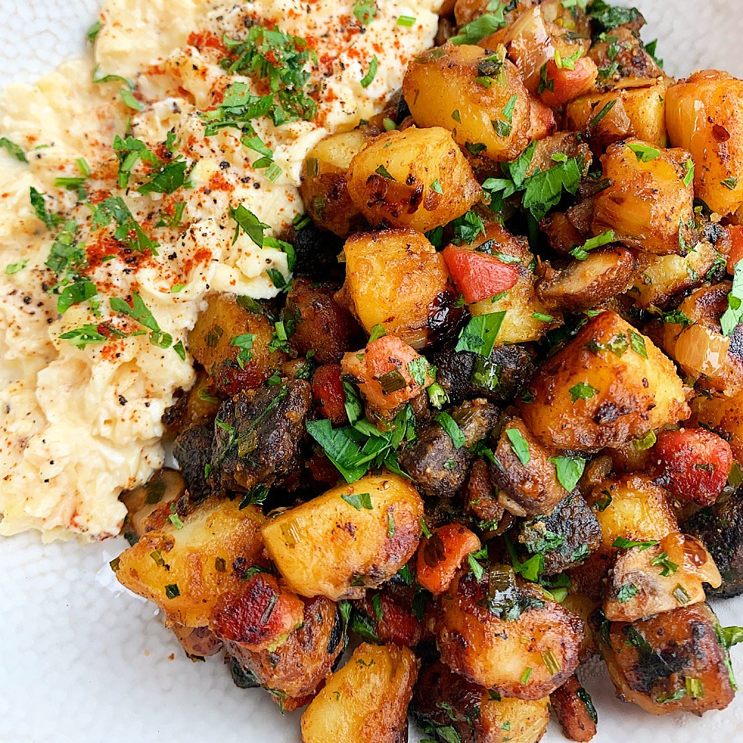 breakfast potatoes | scrambled eggs