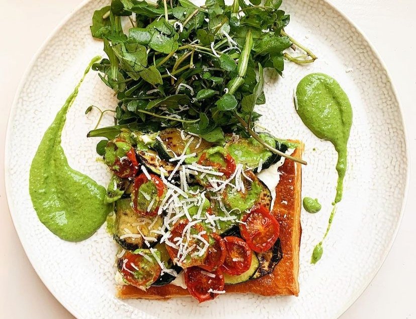 Courgette, basil and ricotta tart with pine nuts