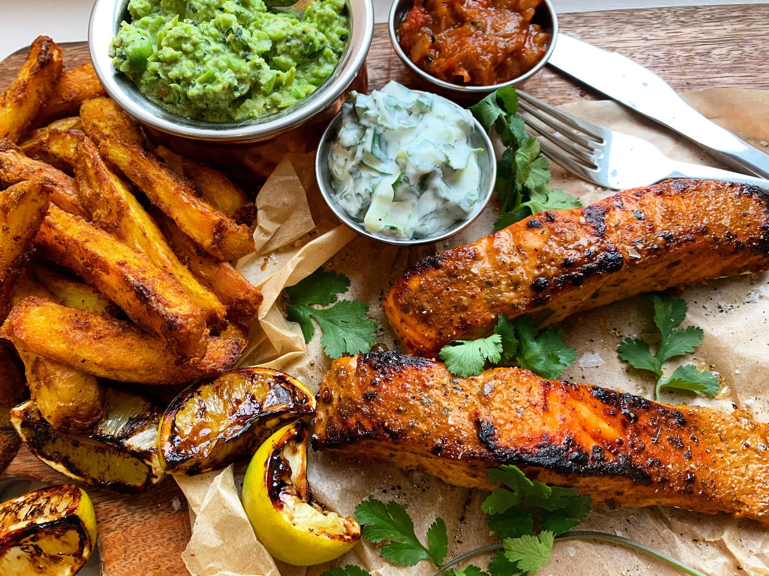 tikka salmon and chips