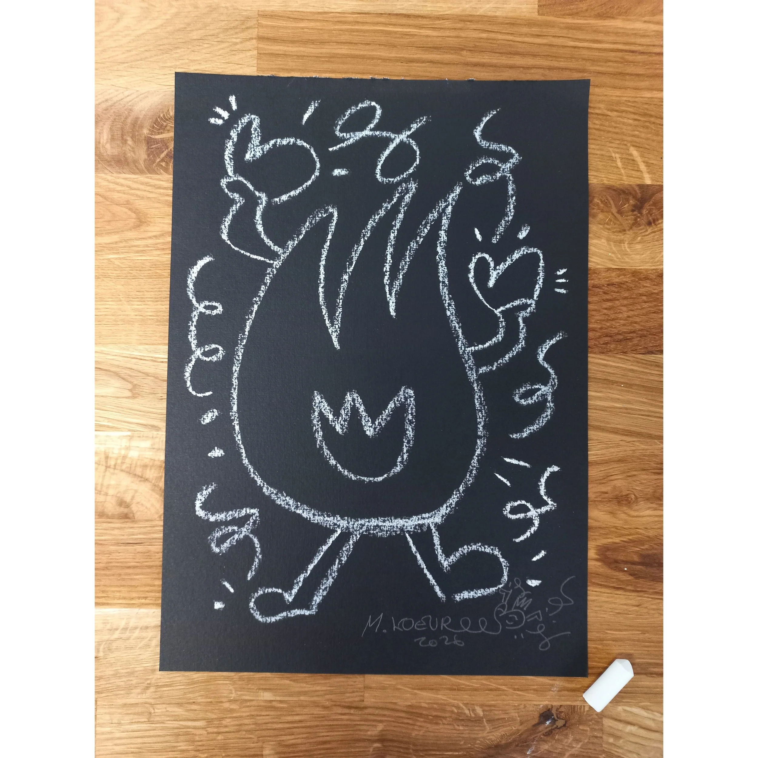 Flamme de Coeur - Dessin original à la craie sur papier 300g